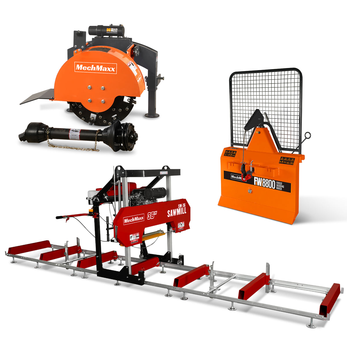 36" MAX Portable Sawmill & 3-Point PTO Stump Grinder & Forestry Log Skidding Winch Combo