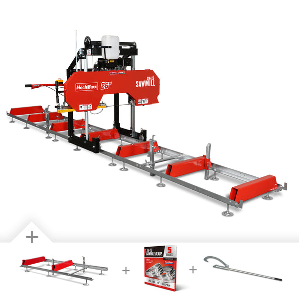 26" Portable Sawmill （5x Blades Included), 420cc 15HP E-Start Gasoline Engine, 22" Track Width, 20' Track Length (6.6' Track Extension Included); Model: SM-26