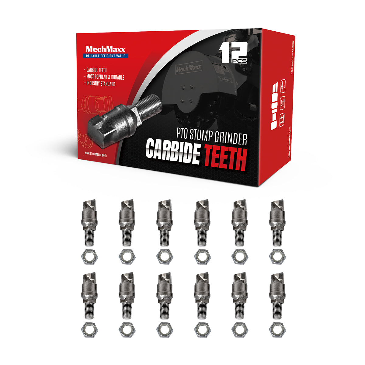 ( 1 Pack / 12 Pcs ) Teeth and Nut for Stump Grinder SG24; SG61; SG30PRO,  1 Pack 12 teeth (SKU: 150151;150151G;150501;150181)
