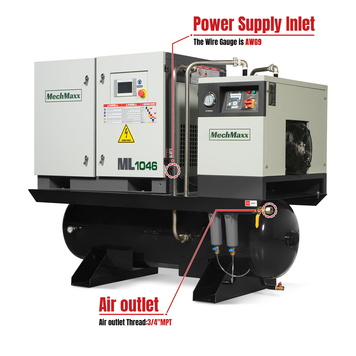 10HP Combined Rotary Screw Air Compressor with Dryer & 66-Gal ASME Tank | 32 CFM, 116 PSI, 460V 3-Phase - Industrial Grade