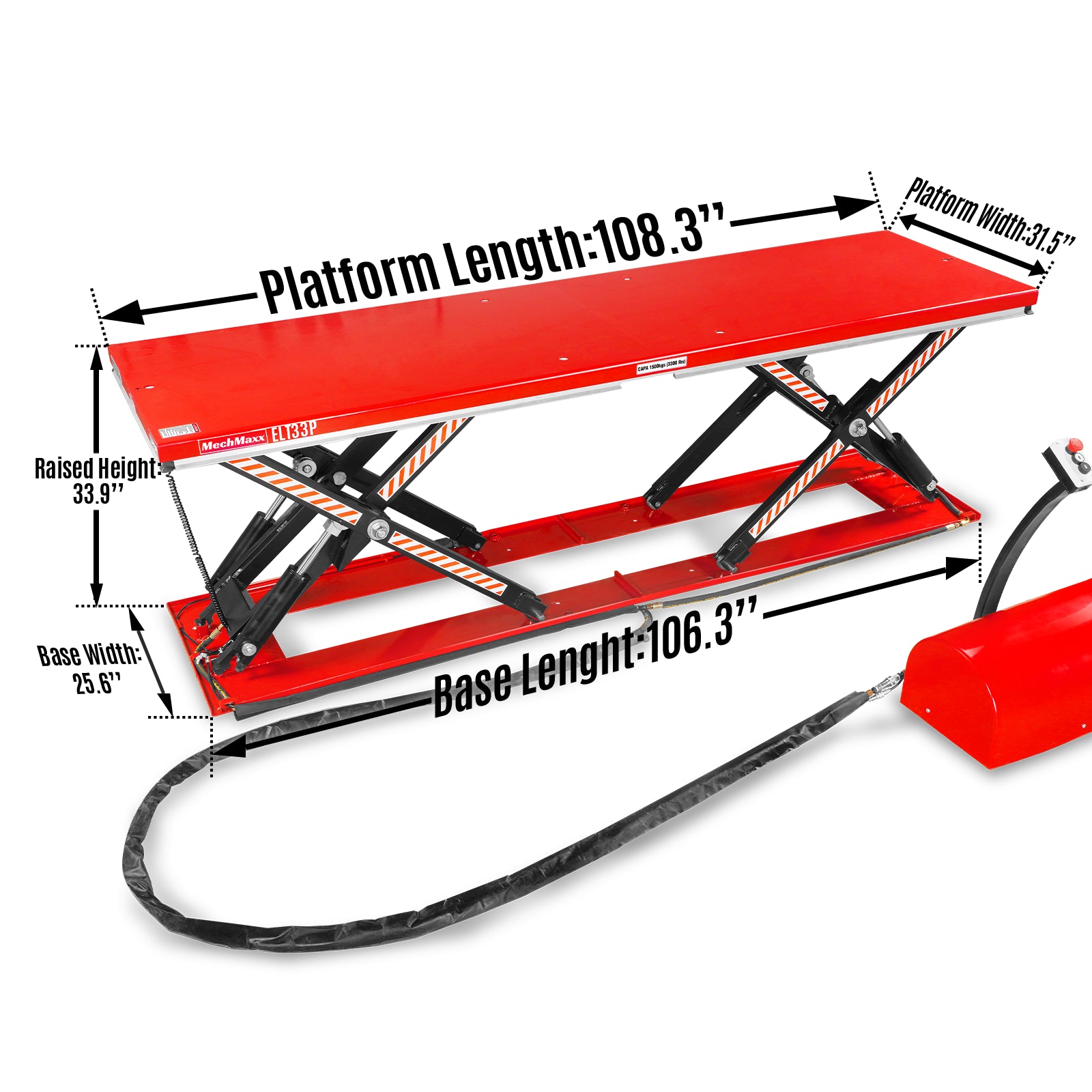 Stationary Electric Hydraulic Parallel Double Scissor Lift Table 3300lb Capacity, 108.3” x 31.5”Platform,33.9”Lift Height,UL Certified Motor, ELT33P