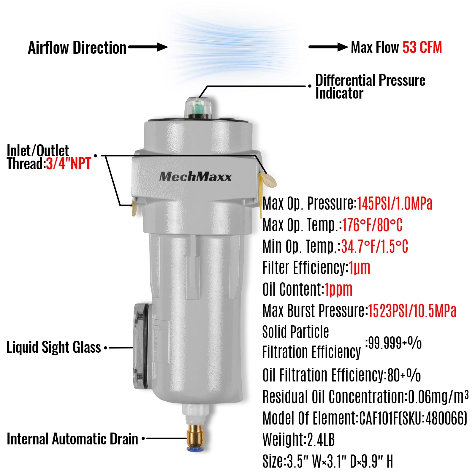 53 CFM Compressed Air Oil-Water Separator Precision Filter,1μm,Oil Content 1ppm, With Auto Drain, Pressure Indicator