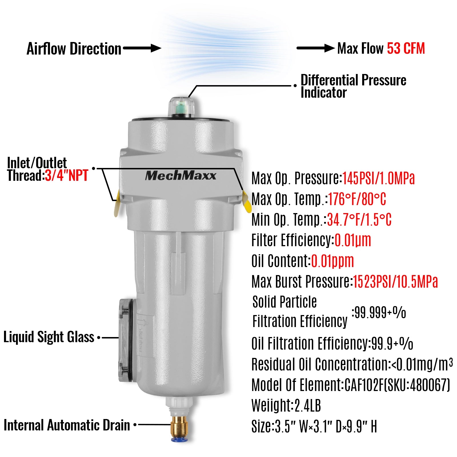 53 CFM Compressed Air Oil-Water Separator Precision Filter,0.01μm,Oil Content 0.01ppm, With Auto Drain, Pressure Indicator
