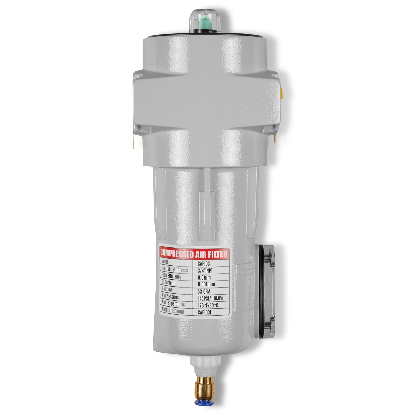 63 CFM Compressed Air Oil-Water Separator Precision Filter,1μm,Oil Content 1ppm, With Auto Drain, Pressure Indicator