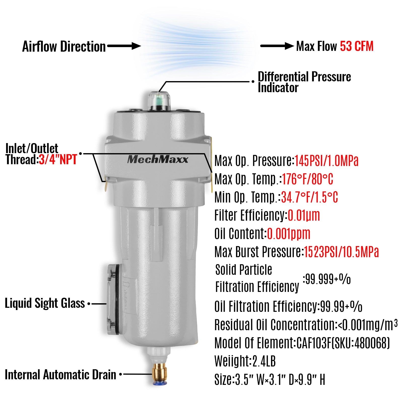 53 CFM Compressed Air Oil-Water Separator Precision Filter,0.01μm,Oil Content 0.001ppm, With Auto Drain, Pressure Indicator