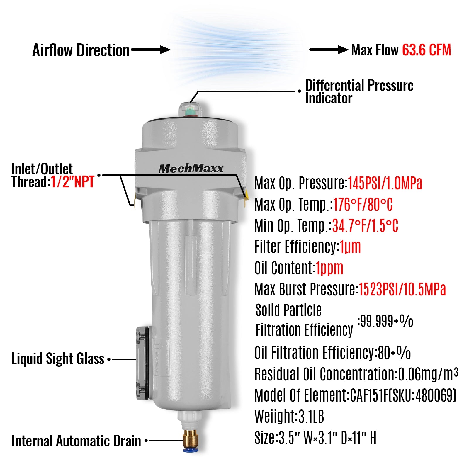 63 CFM Compressed Air Oil-Water Separator Precision Filter,1μm,Oil Content 1ppm, With Auto Drain, Pressure Indicator