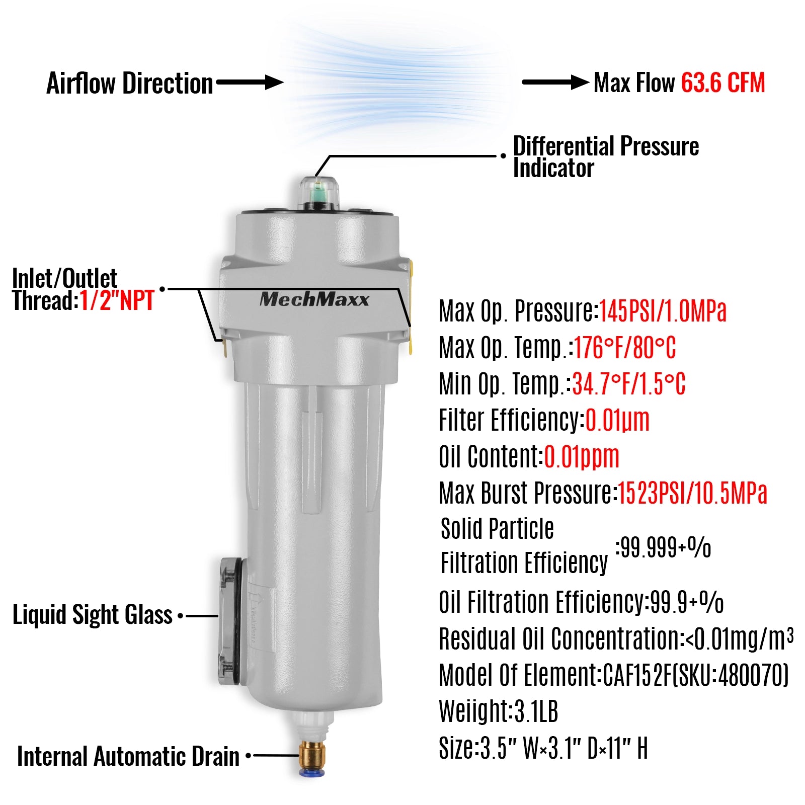 63 CFM Compressed Air Oil-Water Separator Precision Filter,0.01μm,Oil Content 0.01ppm, With Auto Drain, Pressure Indicator