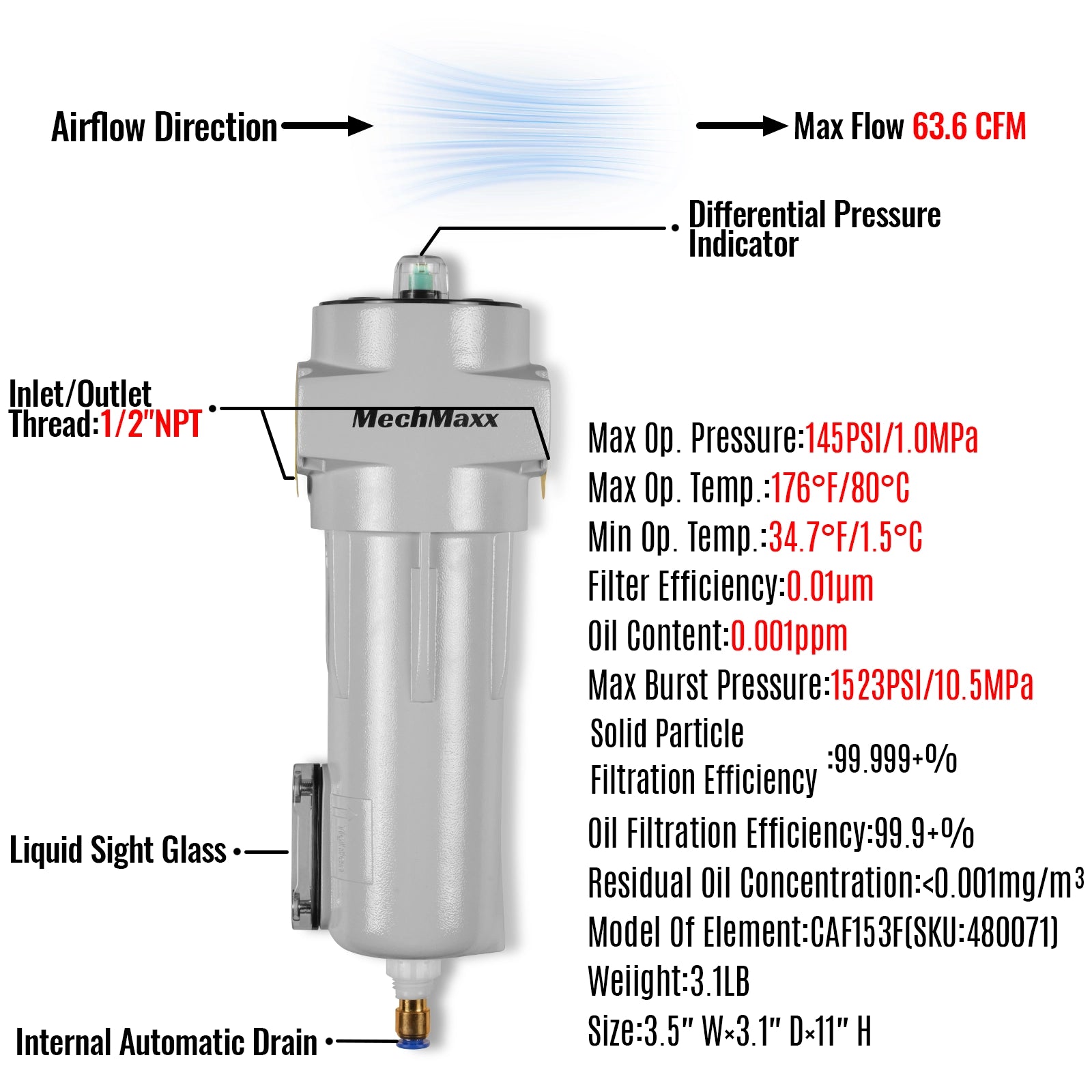 63 CFM Compressed Air Oil-Water Separator Precision Filter,0.01μm,Oil Content 0.001ppm, With Auto Drain, Pressure Indicator