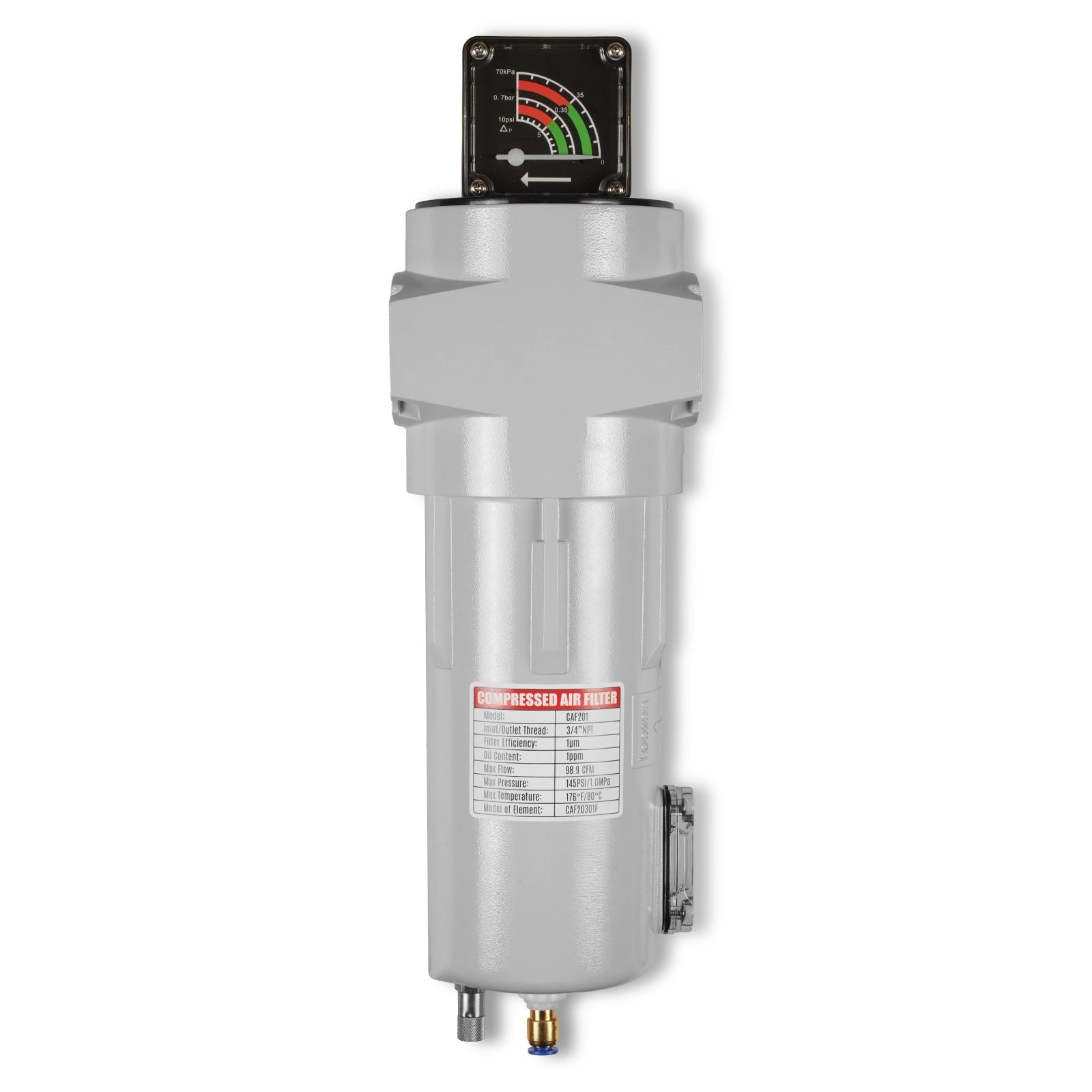 99 CFM CompreH2:K2ater Separator Precision Filter,1μm,Oil Content 1ppm, With Auto Drain, Pressure Gauge