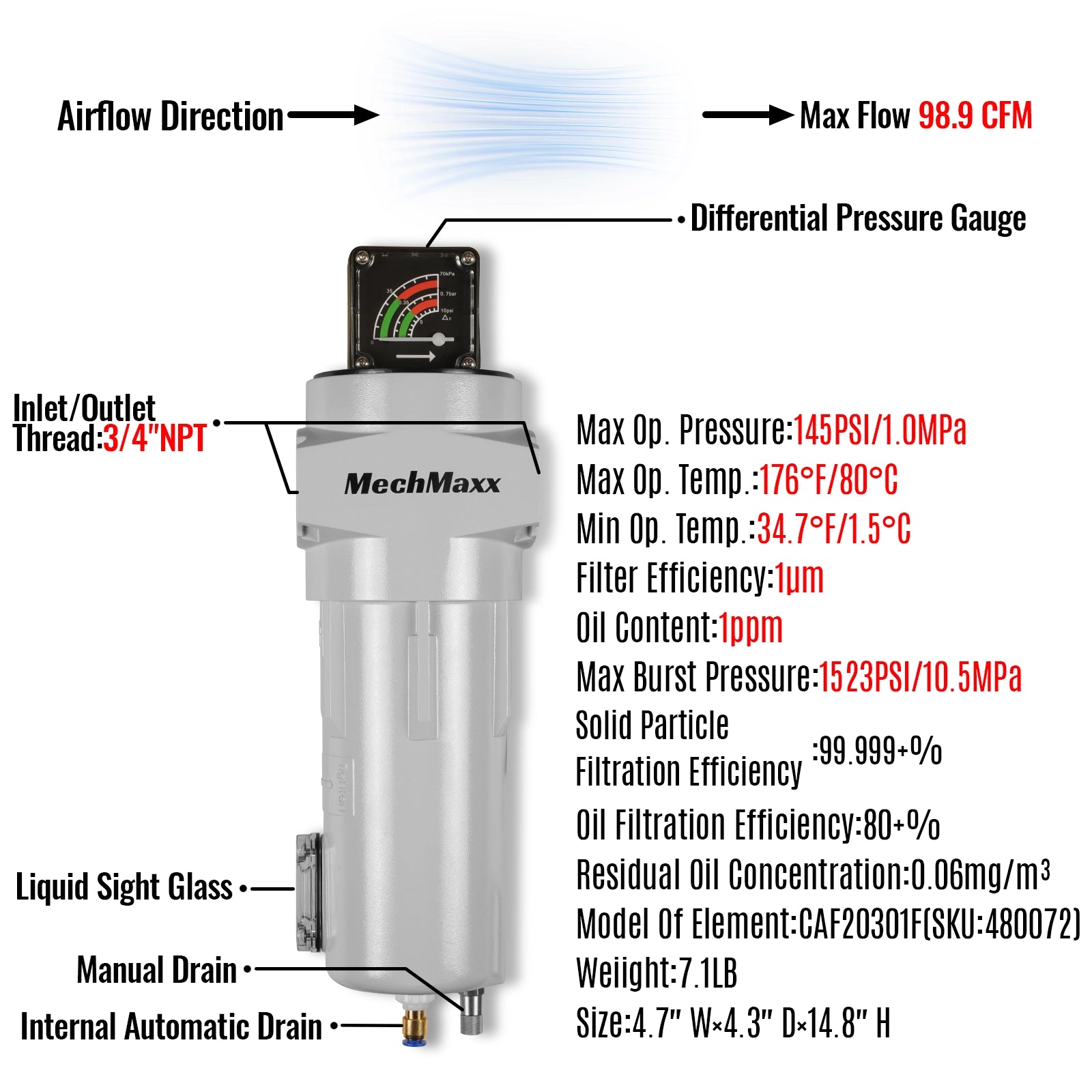 99 CFM CompreH2:K2ater Separator Precision Filter,1μm,Oil Content 1ppm, With Auto Drain, Pressure Gauge