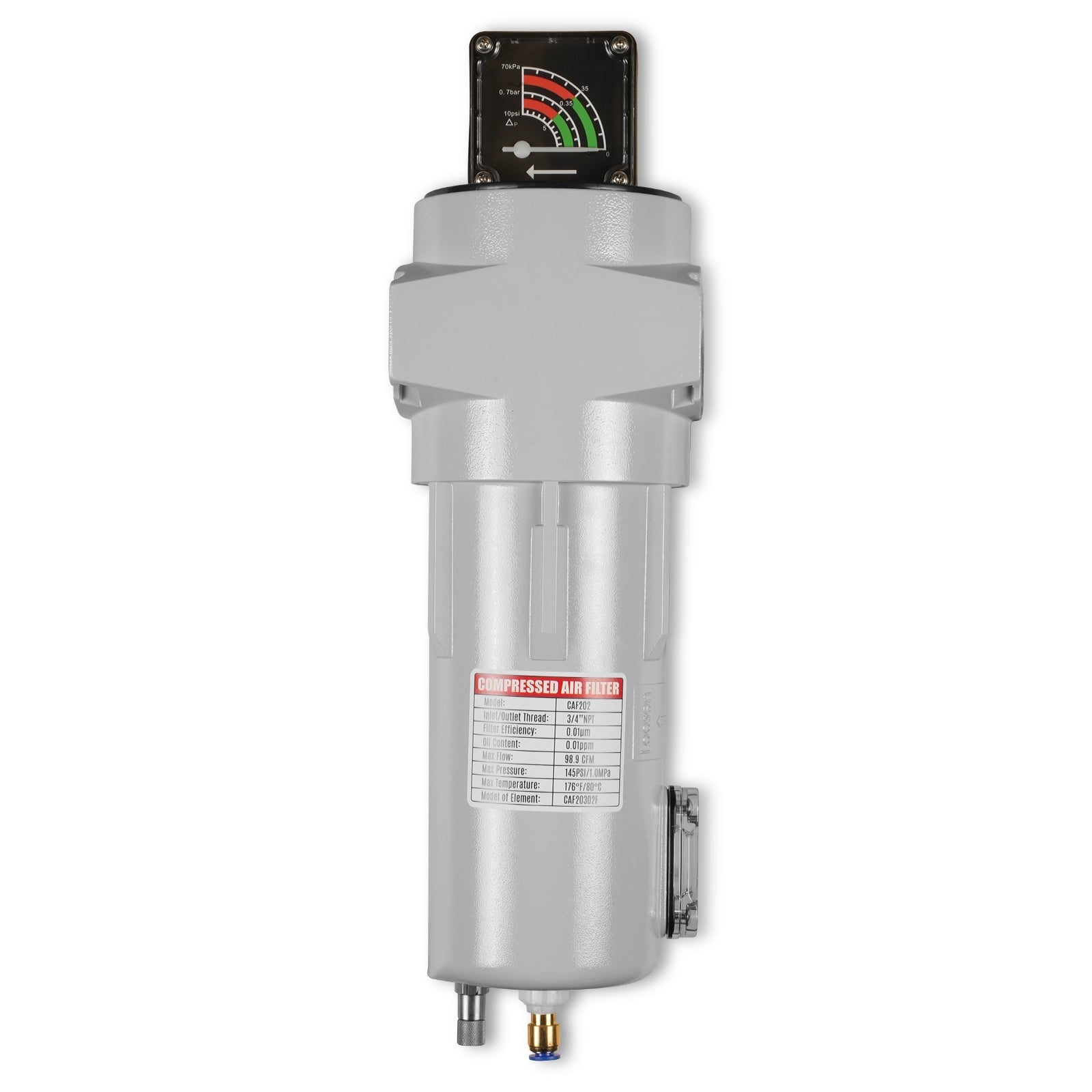 99 CFM Compressed Air Oil-Water Separator Precision Filter,0.01μm,Oil Content 0.01ppm, With Auto Drain, Pressure Gauge