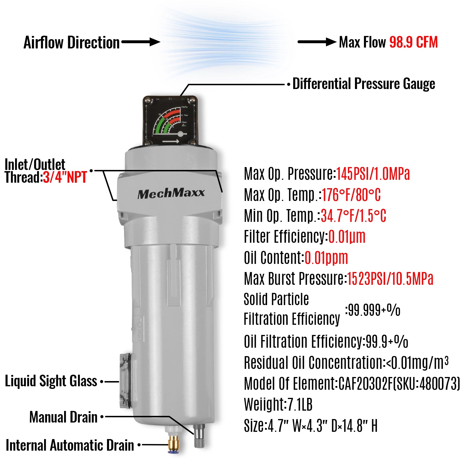 99 CFM Compressed Air Oil-Water Separator Precision Filter,0.01μm,Oil Content 0.01ppm, With Auto Drain, Pressure Gauge