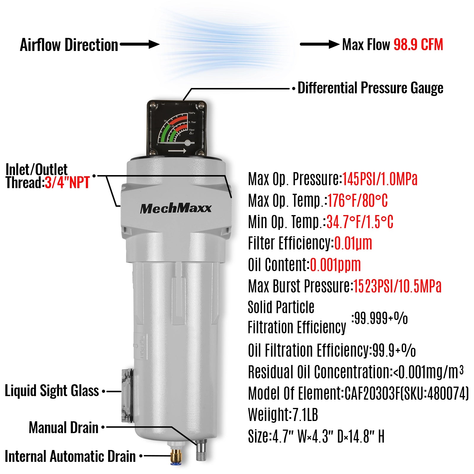 99 CFM Compressed Air Oil-Water Separator Precision Filter,0.01μm,Oil Content 0.001ppm, With Auto Drain, Pressure Gauge