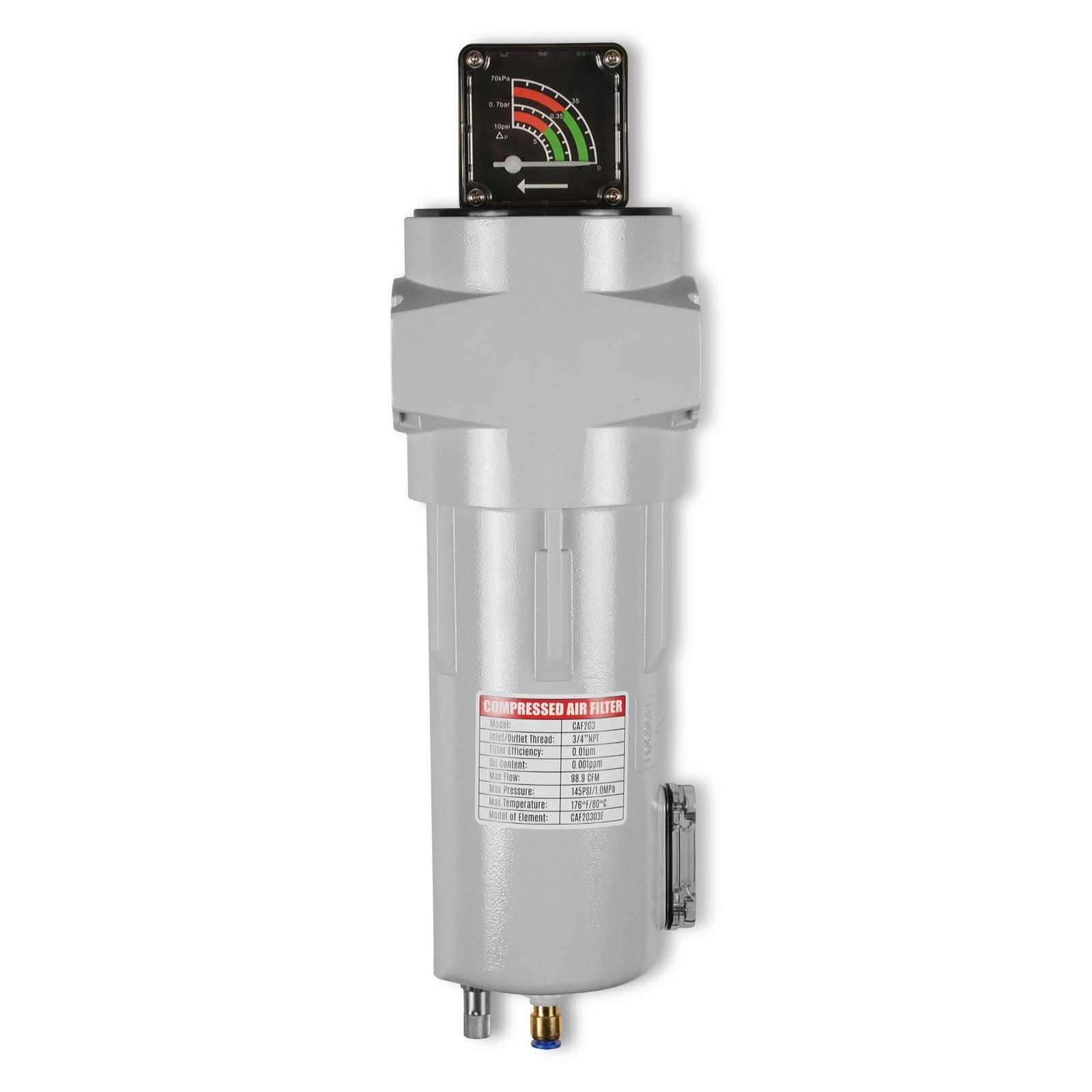 99 CFM Compressed Air Oil-Water Separator Precision Filter,0.01μm,Oil Content 0.001ppm, With Auto Drain, Pressure Gauge