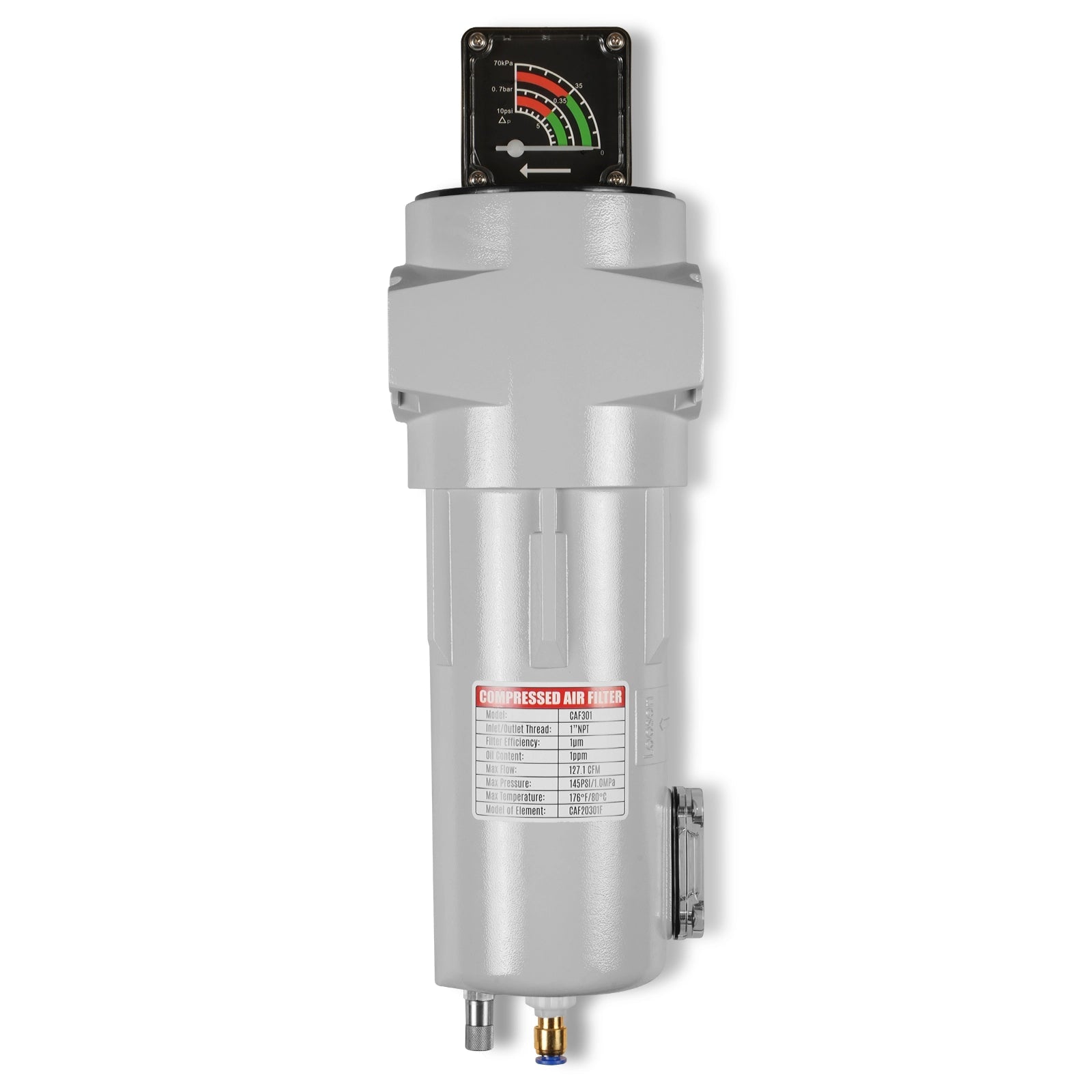 127 CFM Compressed Air Oil-Water Separator Precision Filter,1μm,Oil Content 1ppm, With Auto Drain, Pressure Gauge