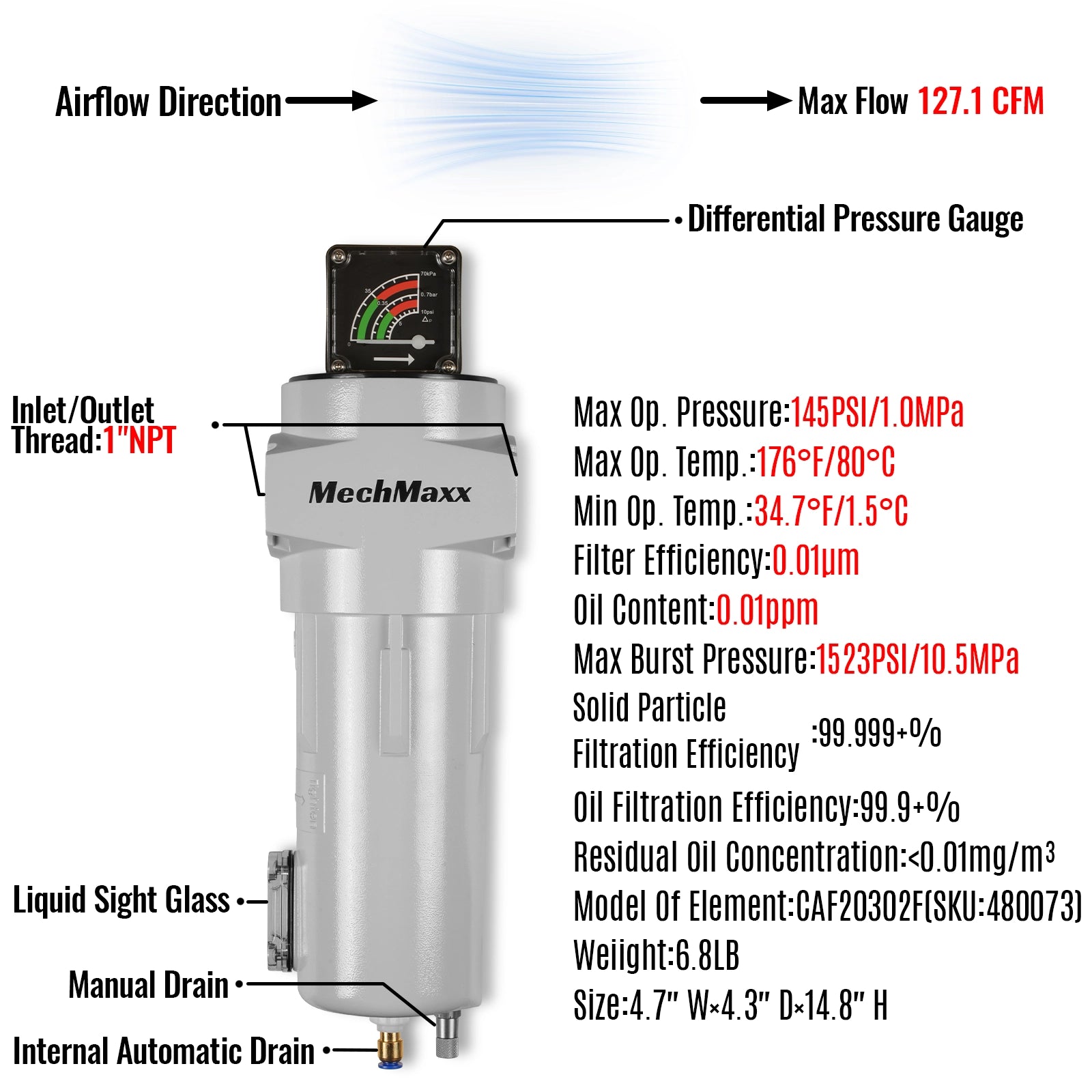 127 CFM Compressed Air Oil-Water Separator Precision Filter,0.01μm,Oil Content 0.01ppm, With Auto Drain, Pressure Gauge