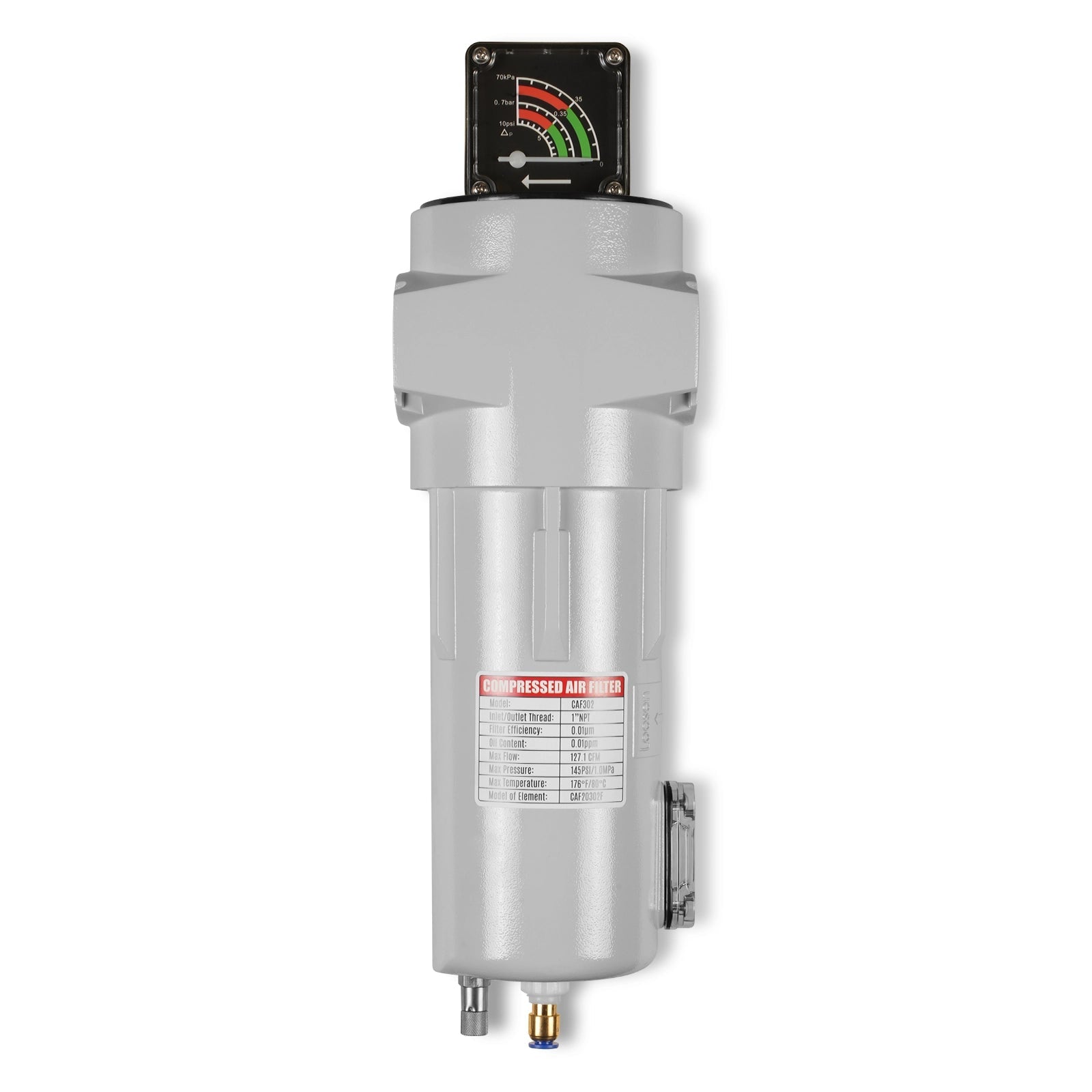 127 CFM Compressed Air Oil-Water Separator Precision Filter,0.01μm,Oil Content 0.01ppm, With Auto Drain, Pressure Gauge