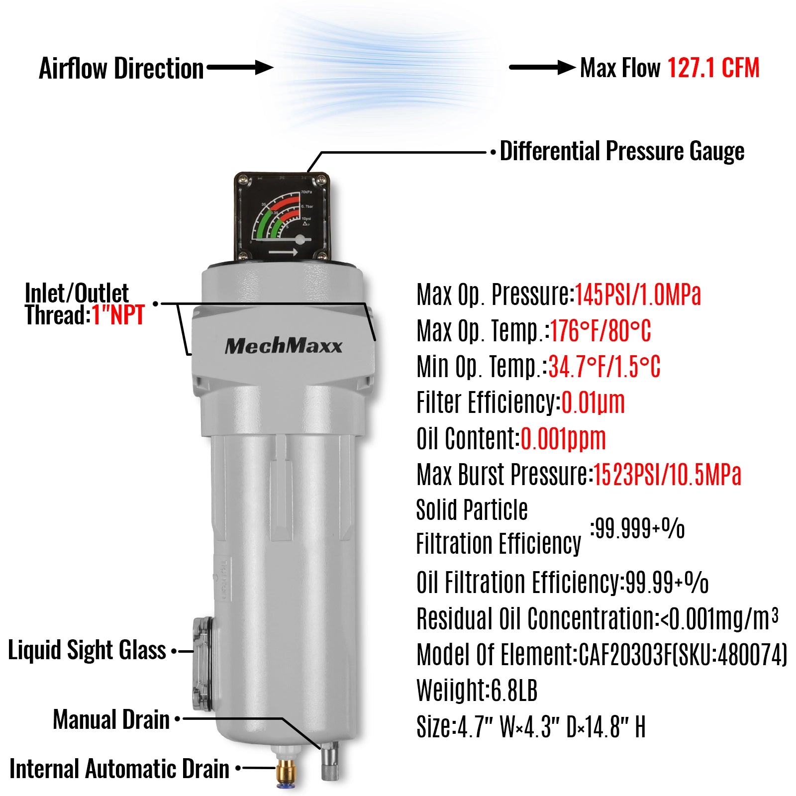 127 CFM Compressed Air Oil-Water Separator Precision Filter,0.01μm,Oil Content 0.001ppm, With Auto Drain, Pressure Gauge