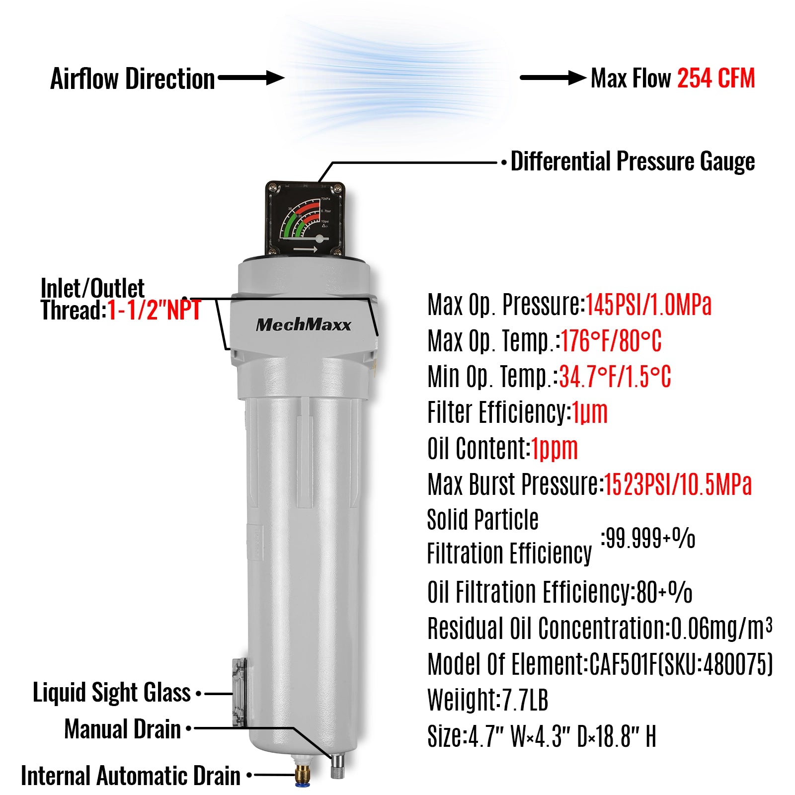 254 CFM Compressed Air Oil-Water Separator Precision Filter,1μm,Oil Content 1ppm, With Auto Drain, Pressure Gauge