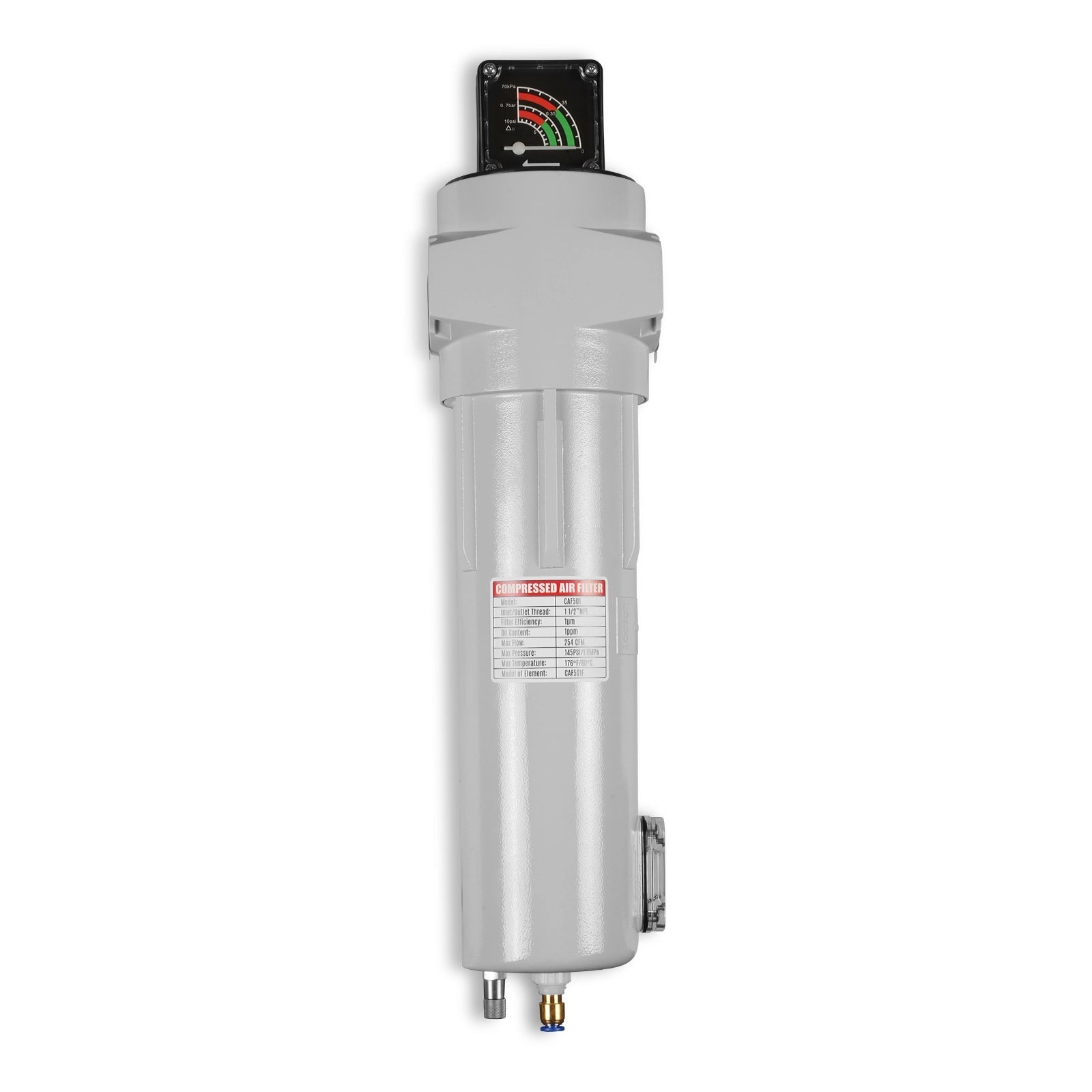 254 CFM Compressed Air Oil-Water Separator Precision Filter,1μm,Oil Content 1ppm, With Auto Drain, Pressure Gauge