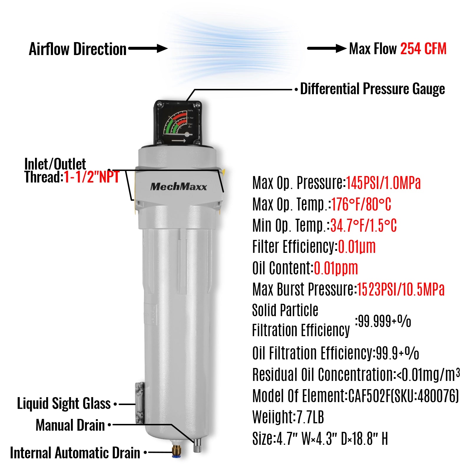 254 CFM Compressed Air Oil-Water Separator Precision Filter,0.01μm,Oil Content 0.01ppm, With Auto Drain, Pressure Gauge