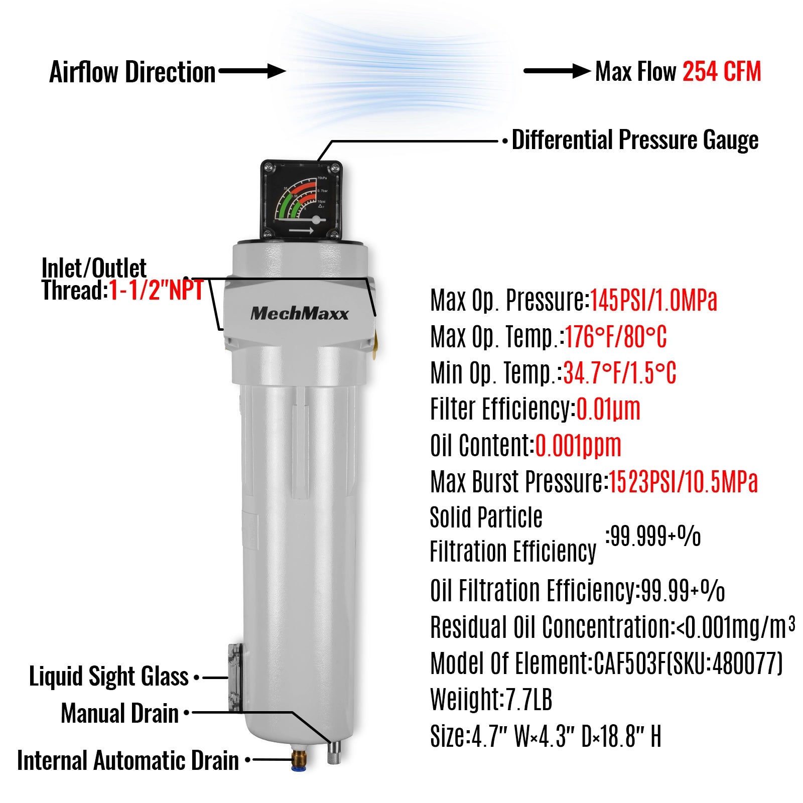 254 CFM Compressed Air Oil-Water Separator Precision Filter,0.01μm,Oil Content 0.001ppm, With Auto Drain, Pressure Gauge