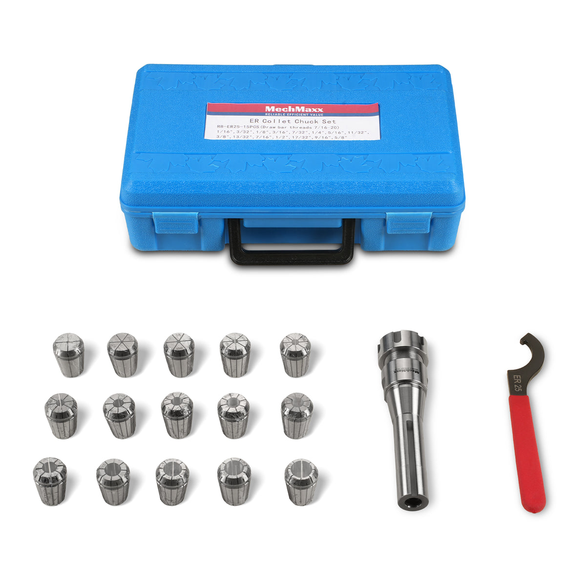 Set of 15 pcs Collets 1/16"-5/8" mm, with Holder ER25 R8 (INCH TYPE) for SKU: 500200 | Model: VM18L SKU: 500201 | Model: VM18LD SKU: 500202 | Model: VM25L SKU: 500203 | Model: VM25LD SKU: 500204 | Model: VM32L SKU: 500205 | Model: VM32LD