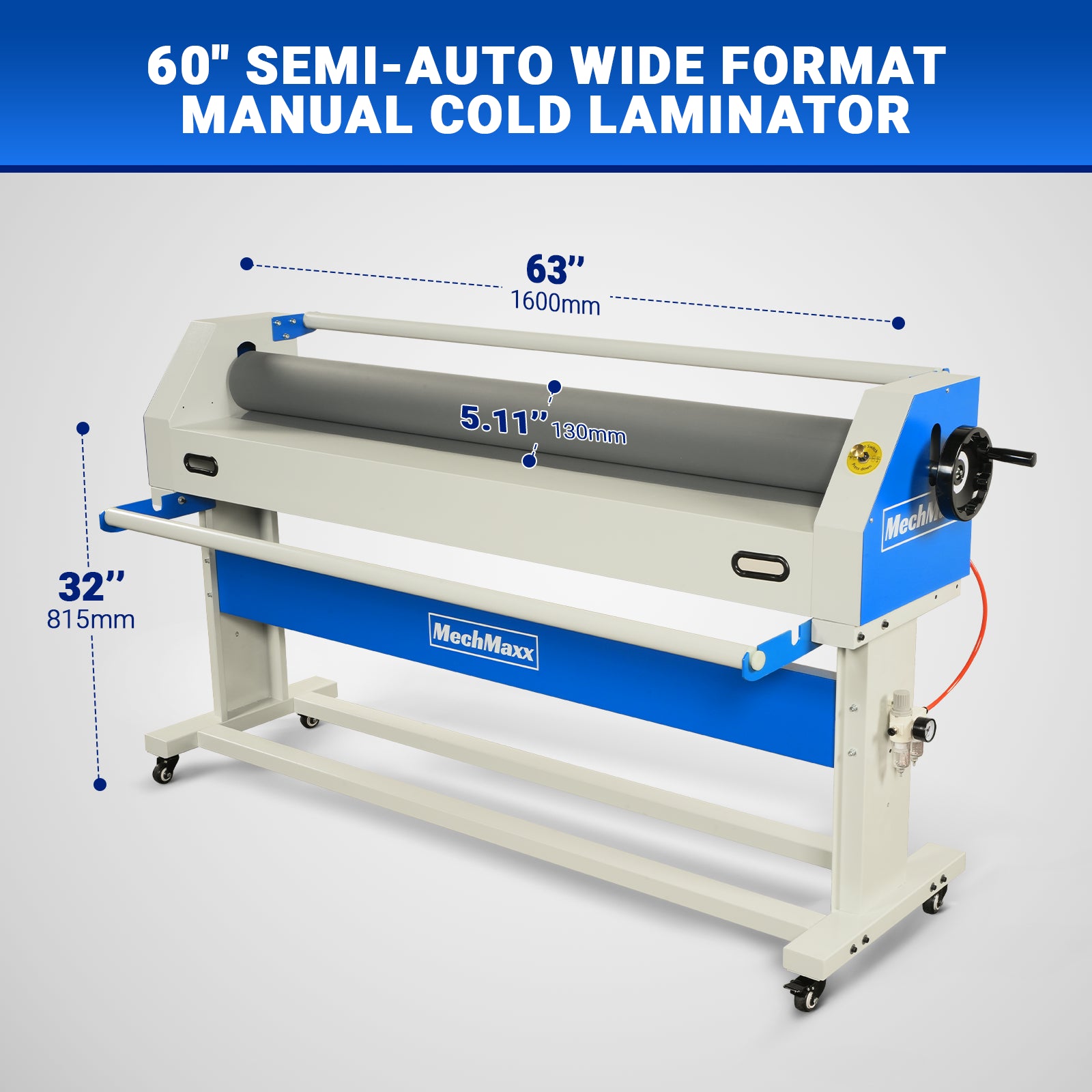 63" Wide Format Laminator Manual Cold Laminating Machine 60" Max Laminating Width,Pneumatic Roller Lift & Wear-Resistant Rubber Roller Portable Stand Included, 0.78" Max Thickness for Vinyl Graphics, Inkjet Prints, Posters-1600-C1
