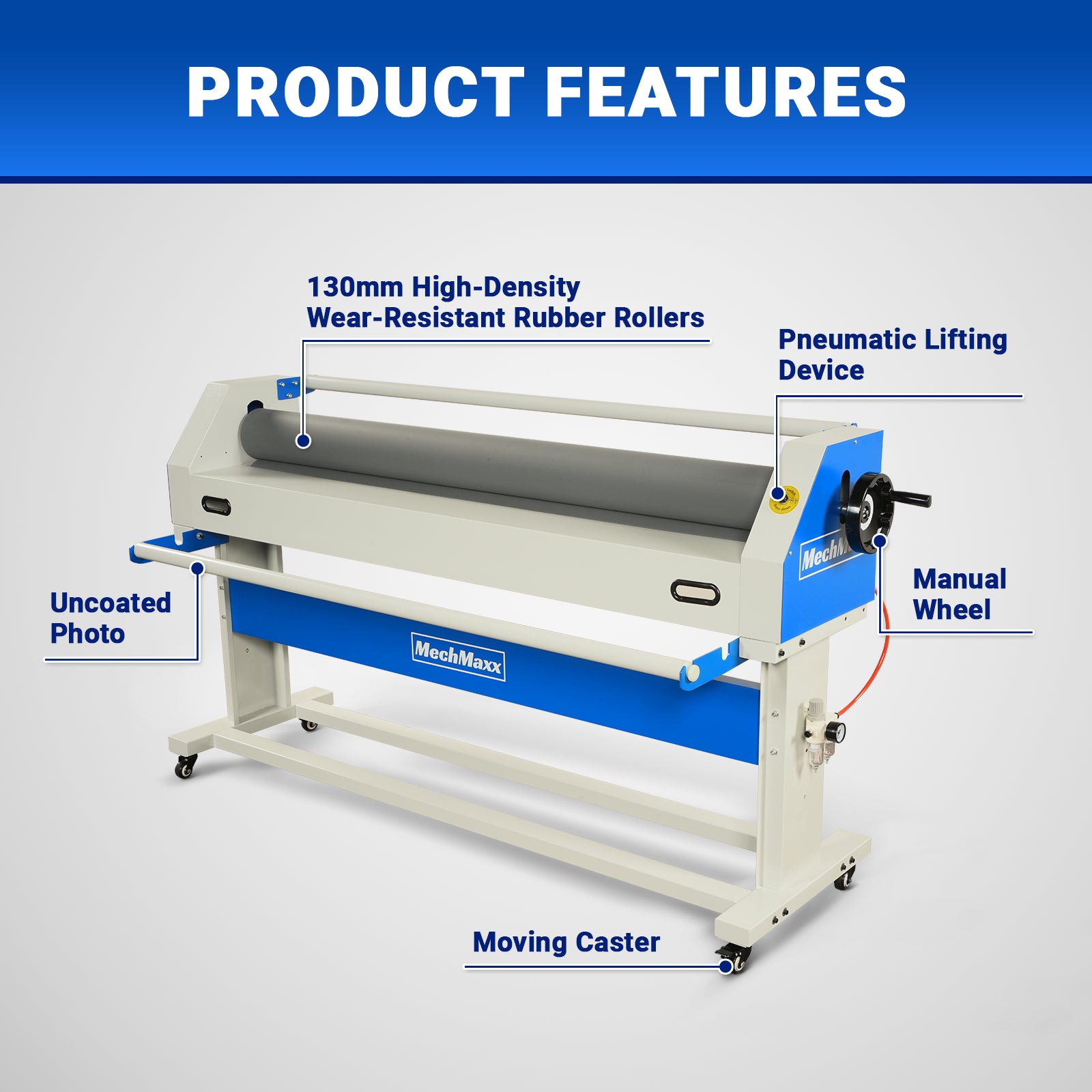 63" Wide Format Laminator Manual Cold Laminating Machine 60" Max Laminating Width,Pneumatic Roller Lift & Wear-Resistant Rubber Roller Portable Stand Included, 0.78" Max Thickness for Vinyl Graphics, Inkjet Prints, Posters-1600-C1