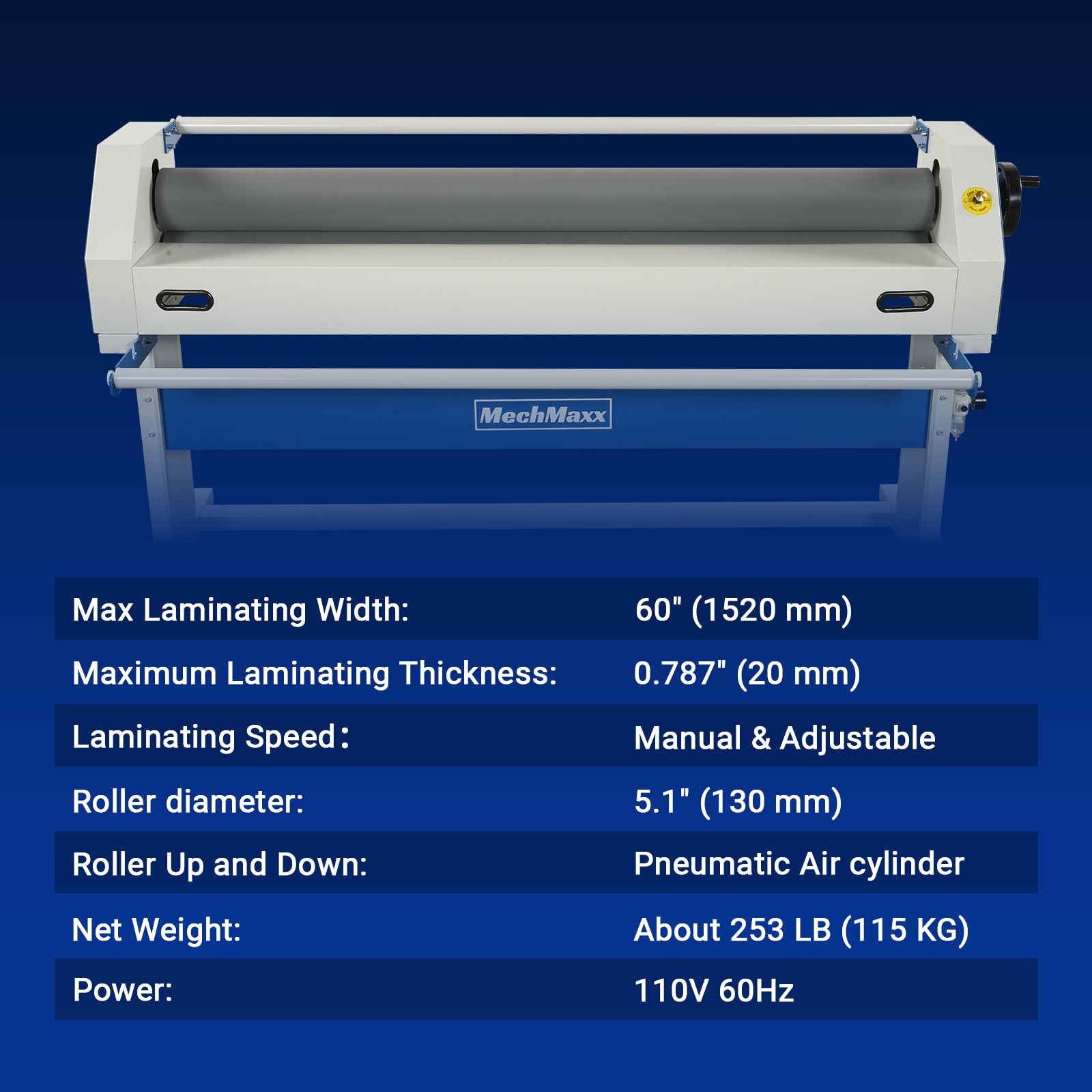 63" Wide Format Laminator Manual Cold Laminating Machine 60" Max Laminating Width,Pneumatic Roller Lift & Wear-Resistant Rubber Roller Portable Stand Included, 0.78" Max Thickness for Vinyl Graphics, Inkjet Prints, Posters-1600-C1