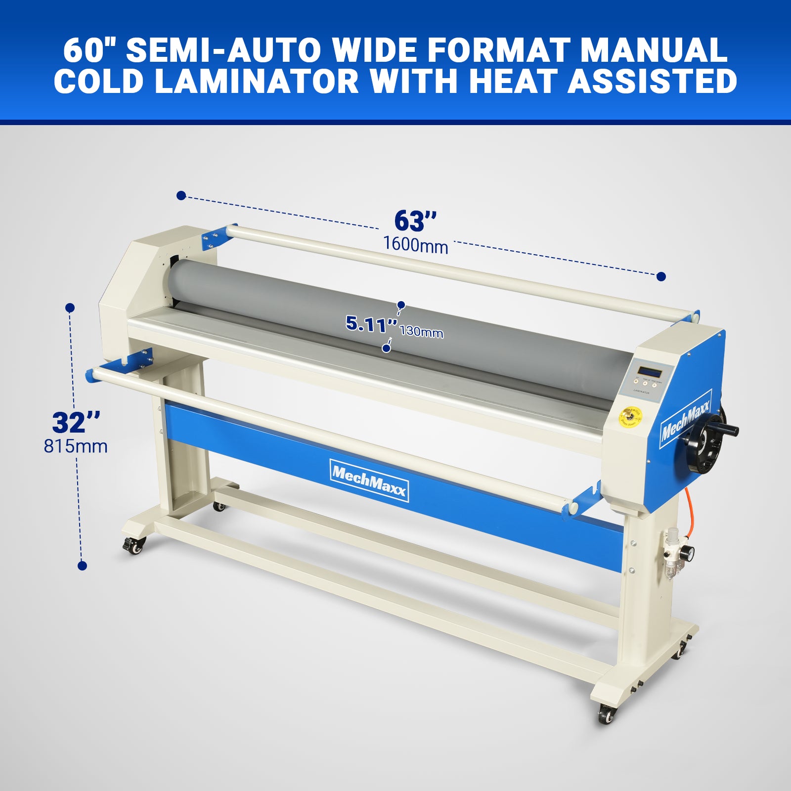 63" Wide Format Laminator Manual Cold Laminating Machine 60" Max Laminating Width,Pneumatic Roller Lift Portable Stand Included, 0.78" Max Thickness for Vinyl Graphics, Inkjet Prints, Posters-1600-C2