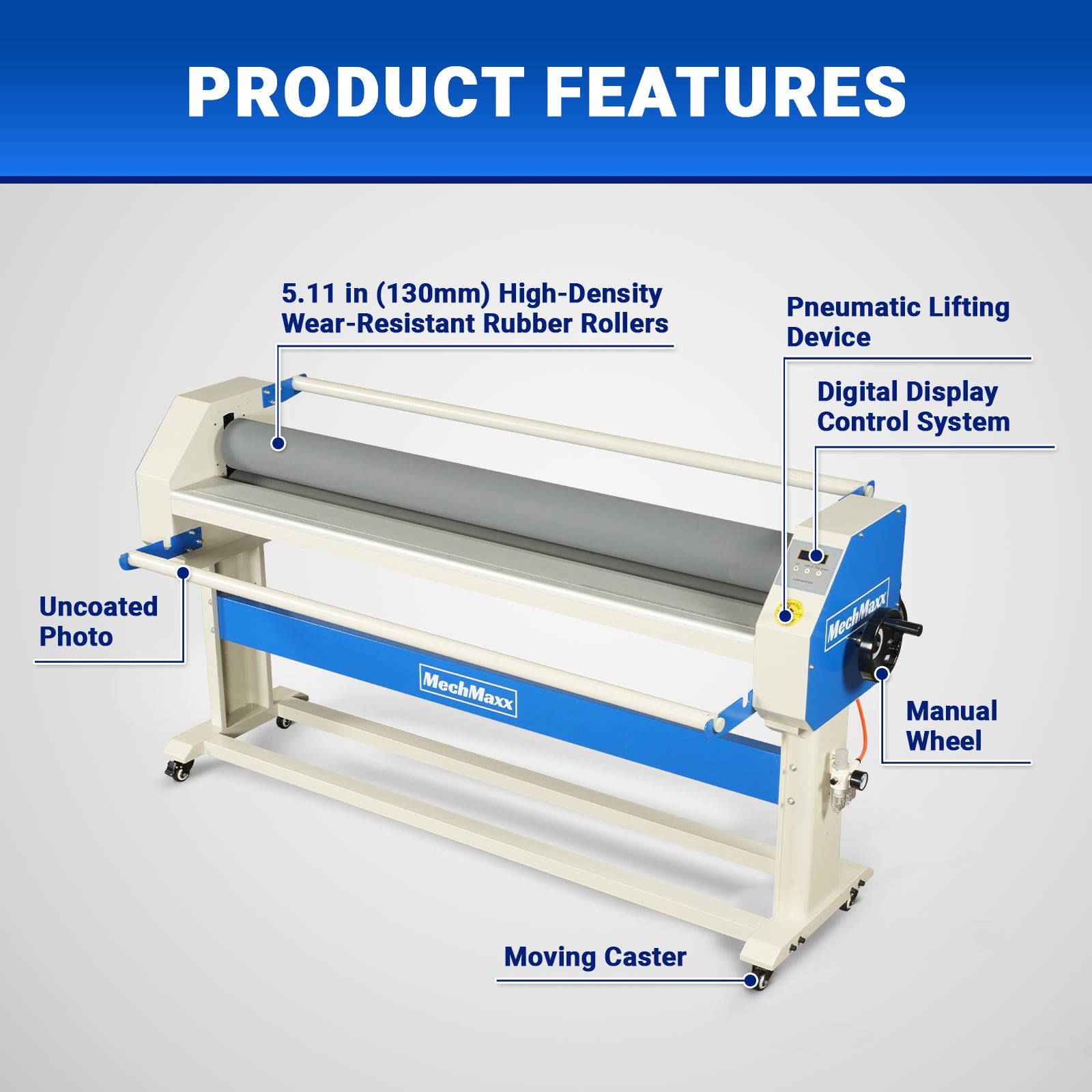 63" Wide Format Laminator Manual Cold Laminating Machine 60" Max Laminating Width,Pneumatic Roller Lift Portable Stand Included, 0.78" Max Thickness for Vinyl Graphics, Inkjet Prints, Posters-1600-C2