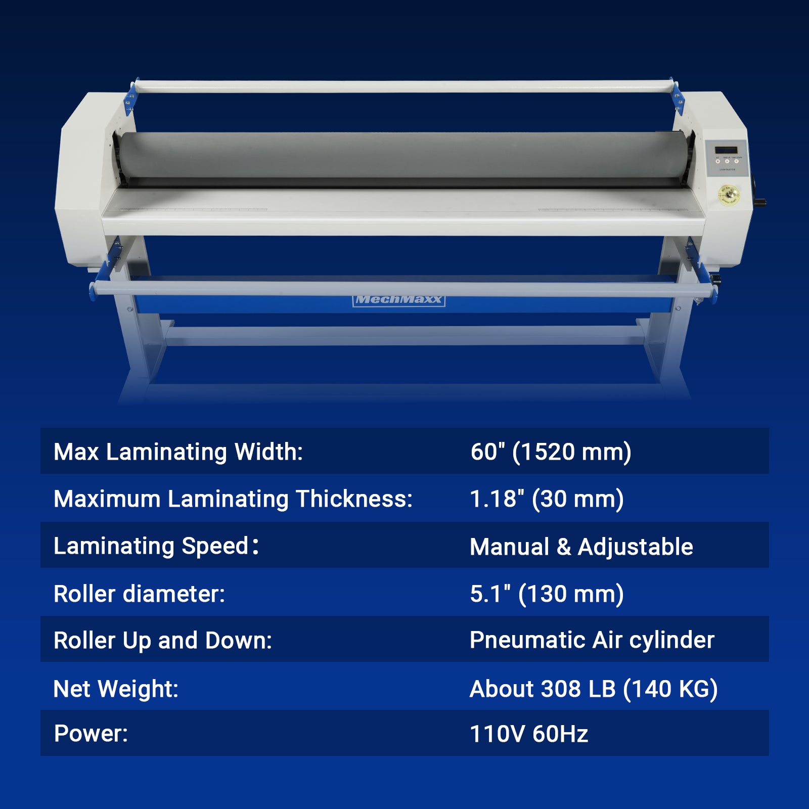 63" Wide Format Laminator Manual Cold Laminating Machine 60" Max Laminating Width,Pneumatic Roller Lift Portable Stand Included, 0.78" Max Thickness for Vinyl Graphics, Inkjet Prints, Posters-1600-C2