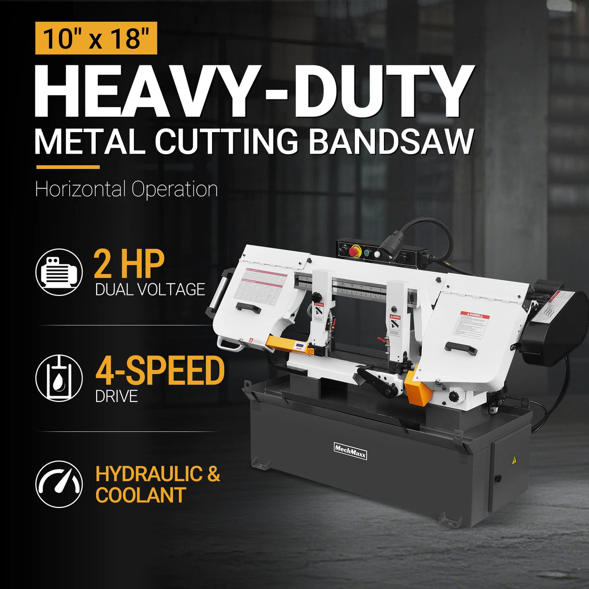 Metal Cutting Band Saw, 10" Round / 18"x5" Rectangular Capacity, 2HP 1.5kW Motor, 4-Speed (35-114 MPM), Horizontal Bandsaw with 0-45° Swivel, Hydraulic Downfeed, 230V 1PH 60Hz, Industrial Grade for Steel, Aluminum & Alloys BS-1018B