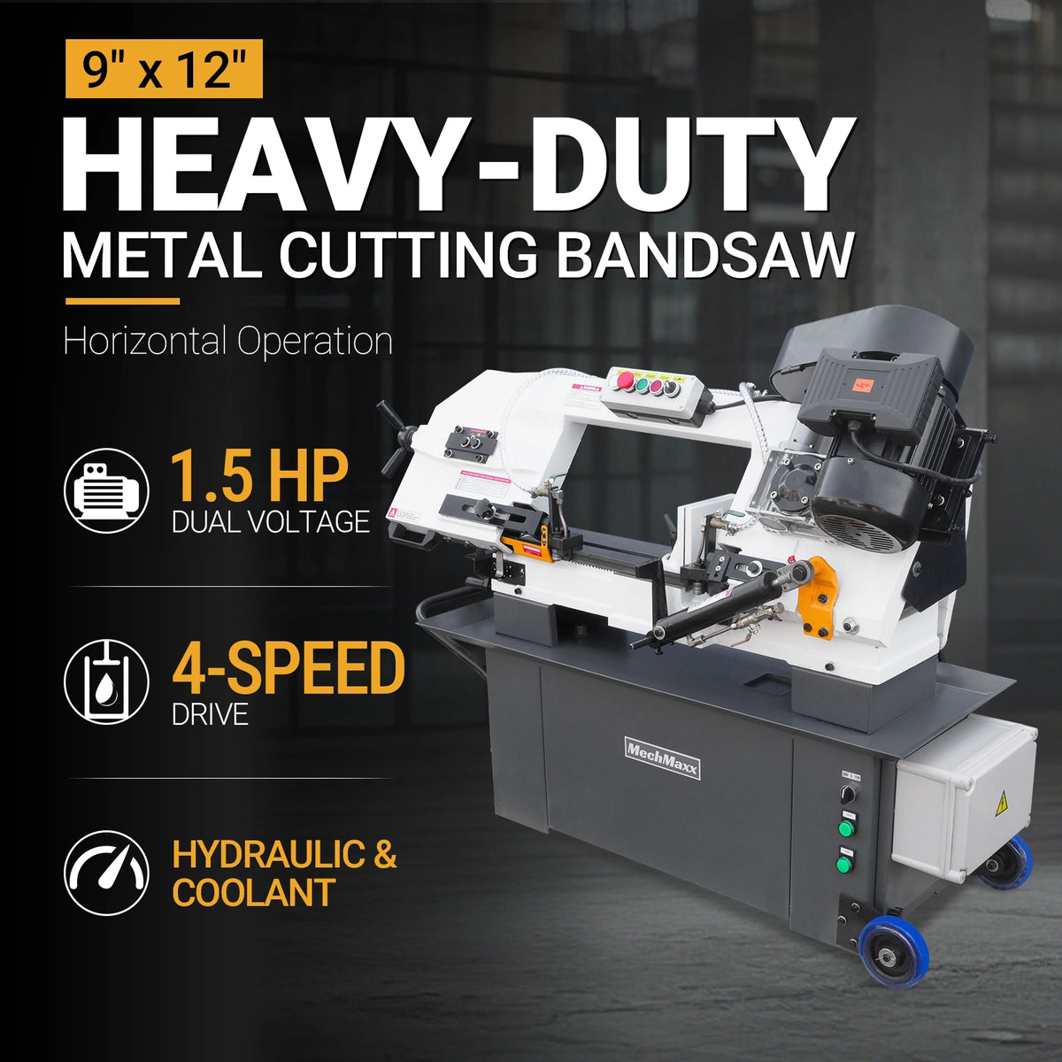 9 Inch Horizontal Metal Cutting Band Saw BS-912B, 4-Speed Adjustable, 1.5HP 115V/230V Dual Voltage Pre-Wired 115V, Hydraulic Feed, Coolant System, 0-45° Miter Cutting, Portable Metal Band Saw for Steel, Stainless Steel, Aluminum, Metal Fabrication BS-912B