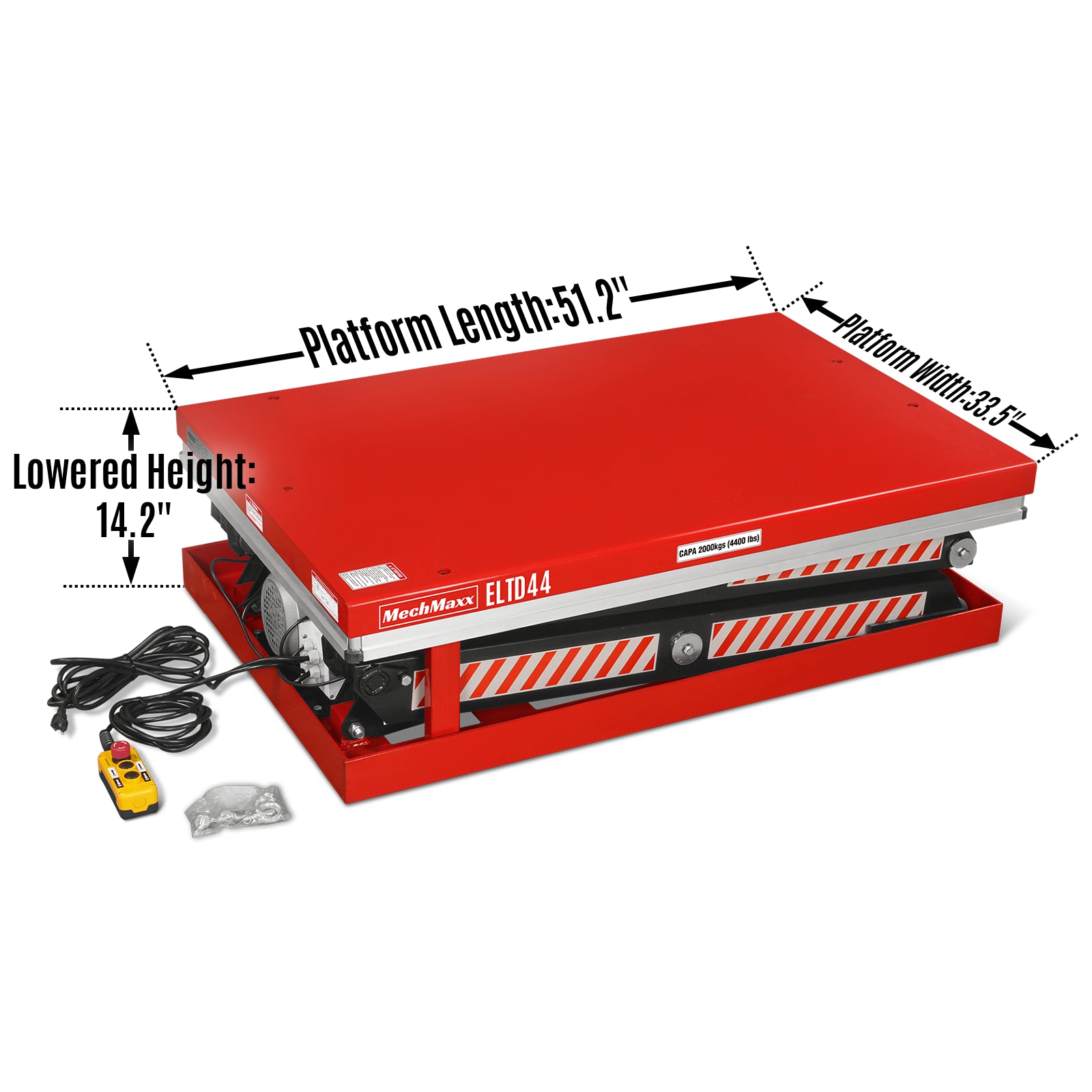 4400lbs Capacity Stationary Electric Hydraulic Double Scissor Lift Table, 51.2” x 33.5” Platform, 70.1” Lift Height, UL Certified Motor, ELTD44