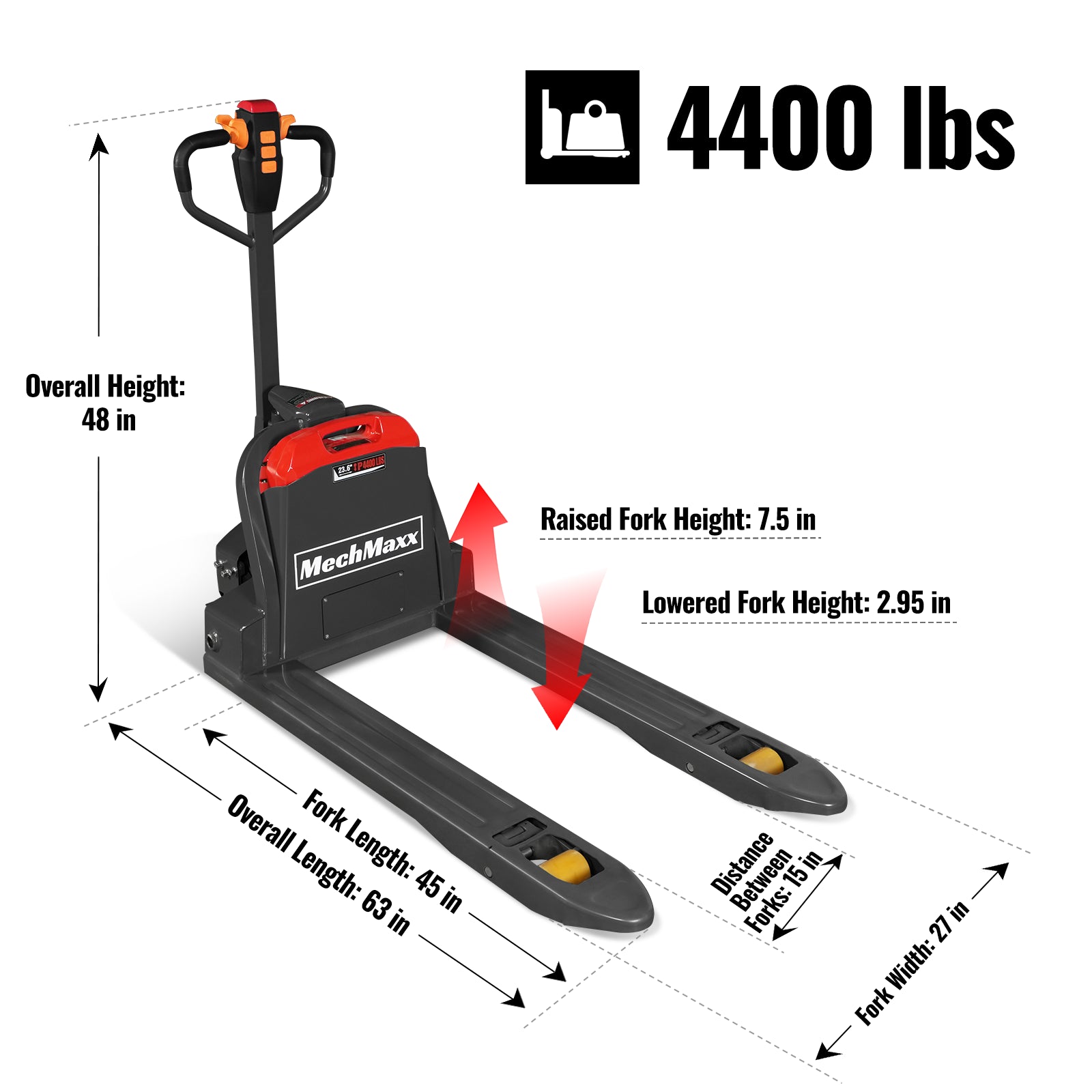 4400lbs Lithium-ion Electric Pallet Jack, 45"x27" Fork, 48V 30Ah Removable Battery, Walkie Type Truck, LPT44