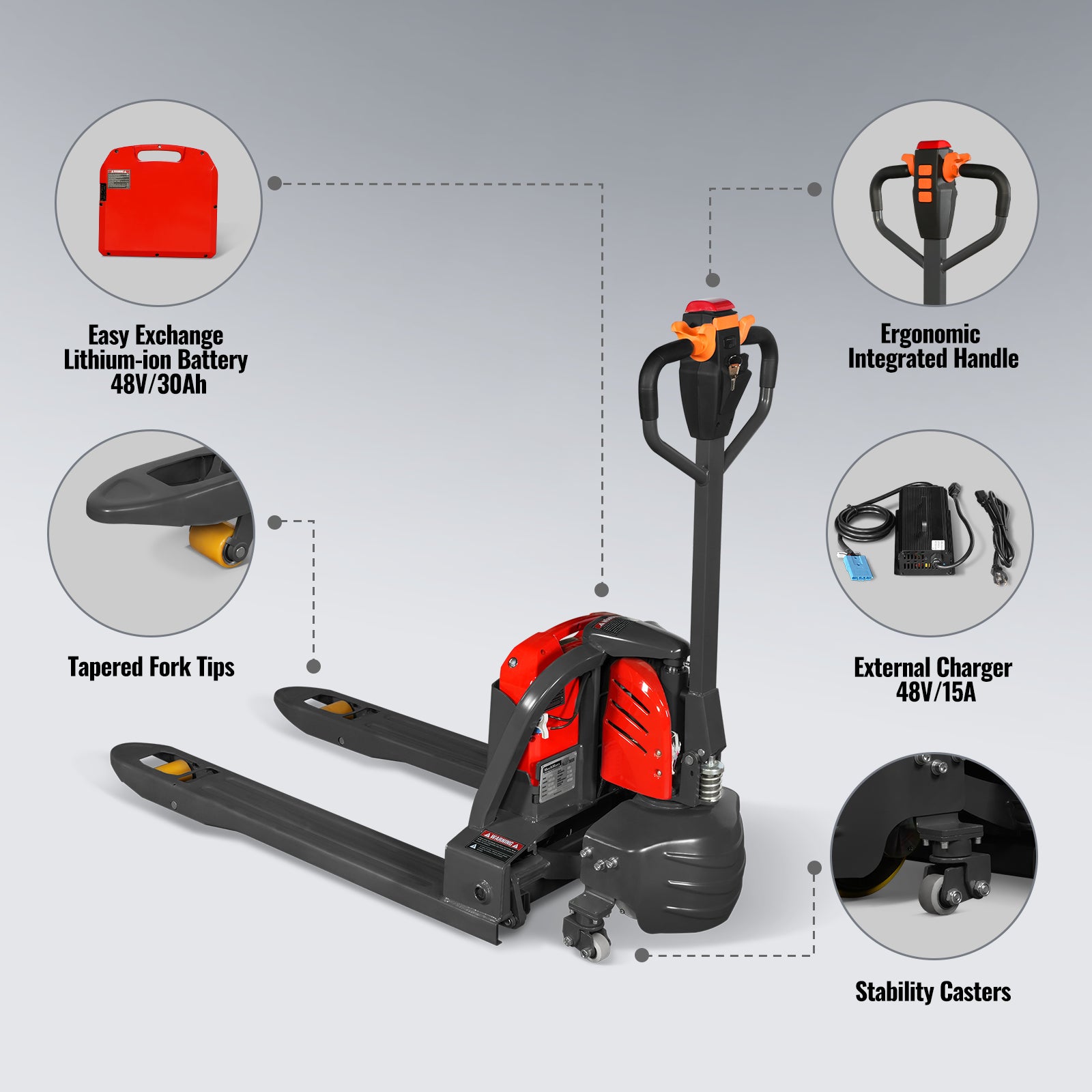 4400lbs Lithium-ion Electric Pallet Jack, 45"x27" Fork, 48V 30Ah Removable Battery, Walkie Type Truck, LPT44