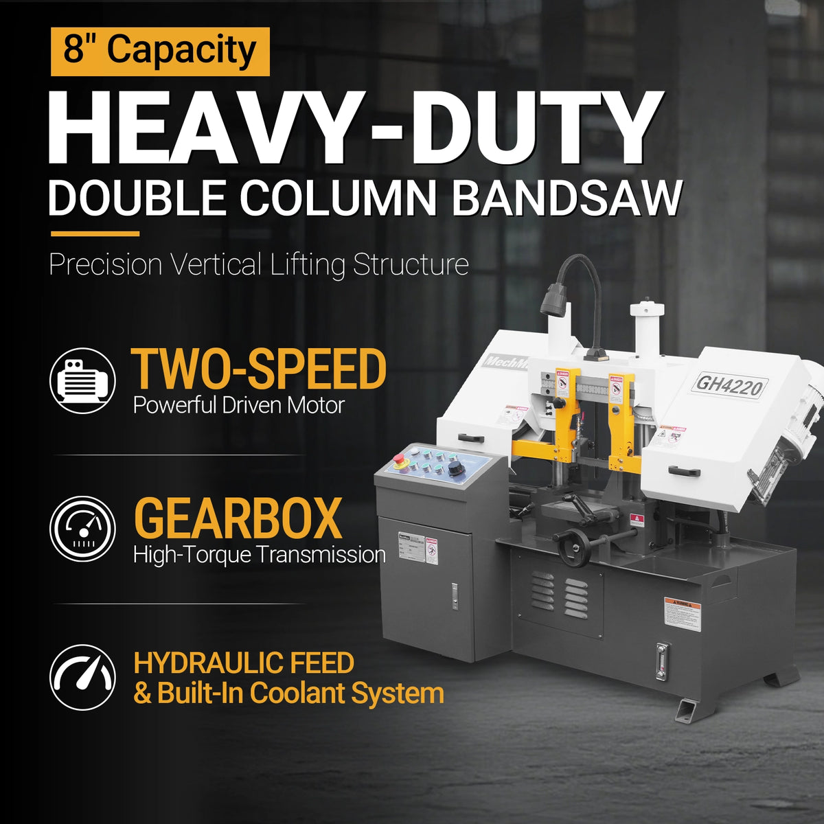 8 Inch 7-7/8" x 7-7/8" Capacity Double Column Horizontal Metal Cutting Band Saw, Vertical Lifting, Gearbox Driven Two-Speed Motor, Hydraulic Feed, Manual Clamping, Coolant System Industrial Bandsaw GH4220