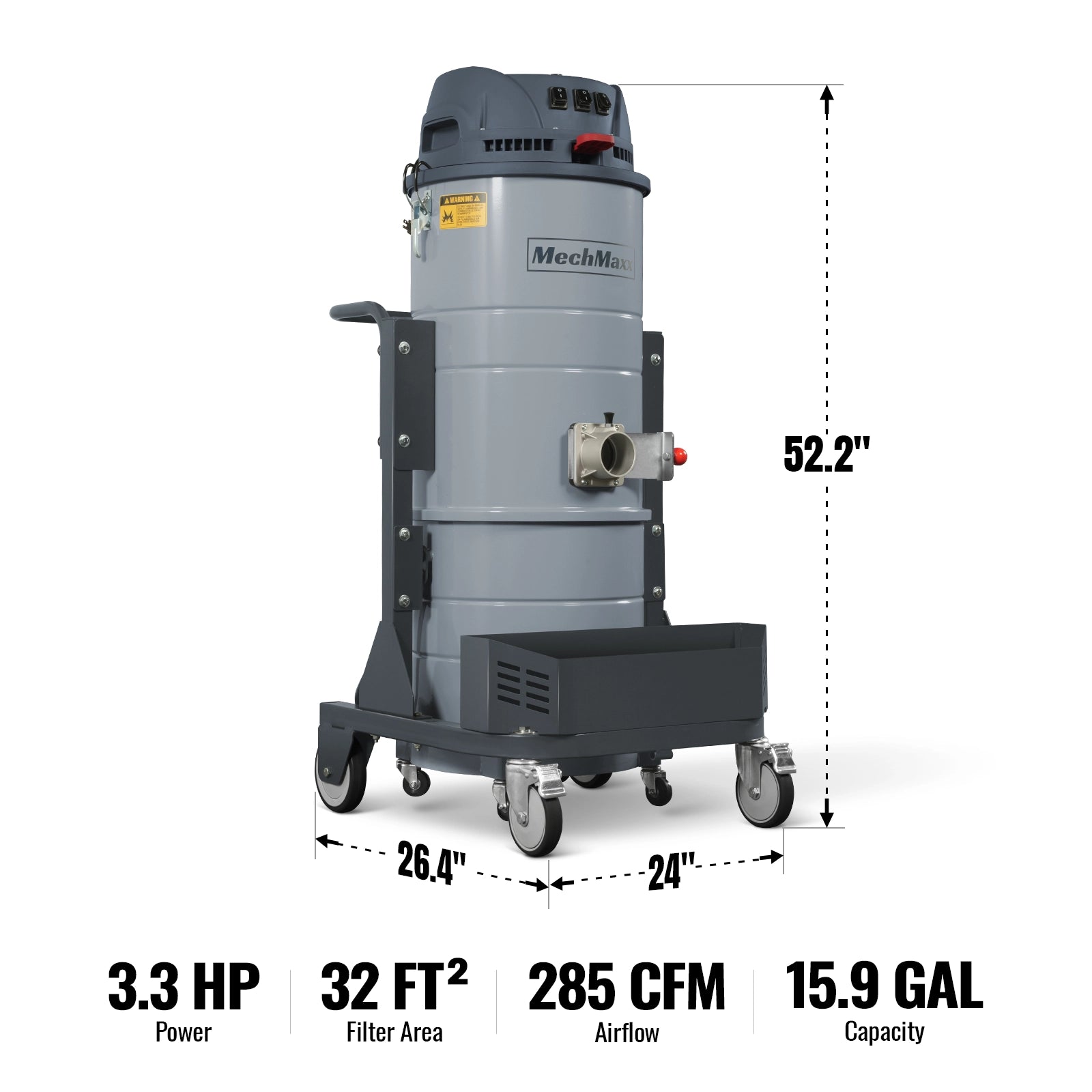 Industrial Wet/Dry Vacuum Cleaner with HEPA Filter Three Motor 3.3 HP 285 CFM 16 Gallon - 110V 1 Phase, IVA3M