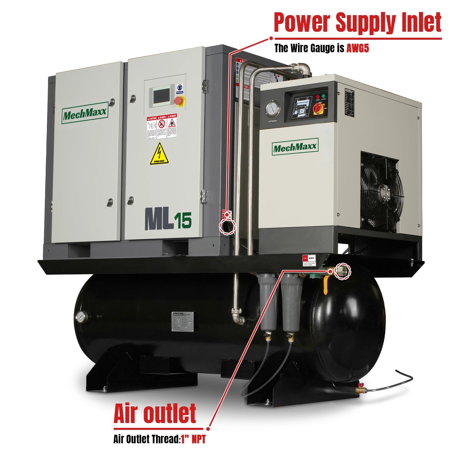 15HP Combined Rotary Screw Air Compressor with Dryer & 105-Gal ASME Tank | 45 CFM, 116 PSI, 230V 3-Phase – Industrial Grade