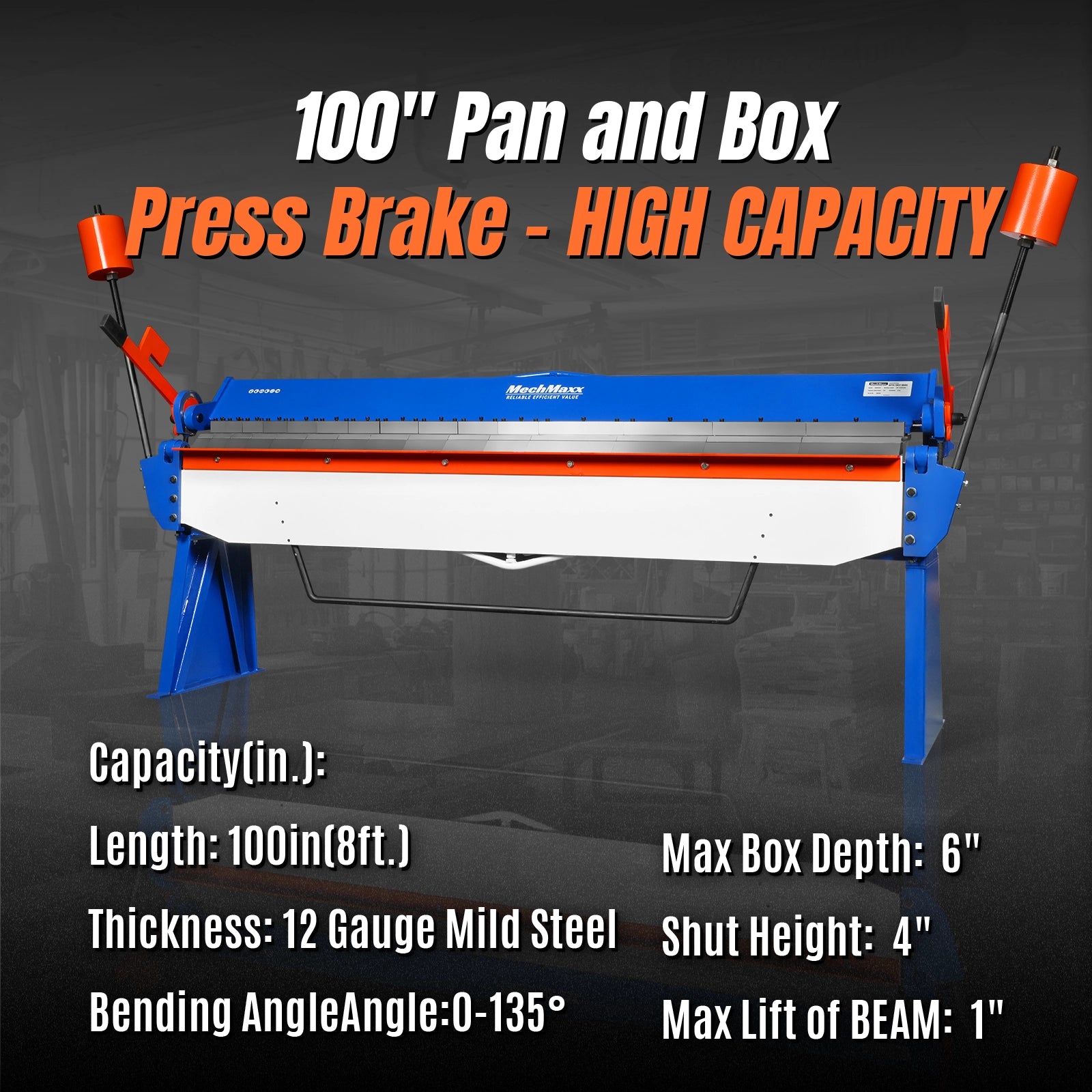 100-inch Manual Sheet Metal Brake - 12 Gauge Bending Capacity, Adjustable Fingers, 8 Ft. Heavy-Duty Steel Construction, Precision Bending for Box and Pan