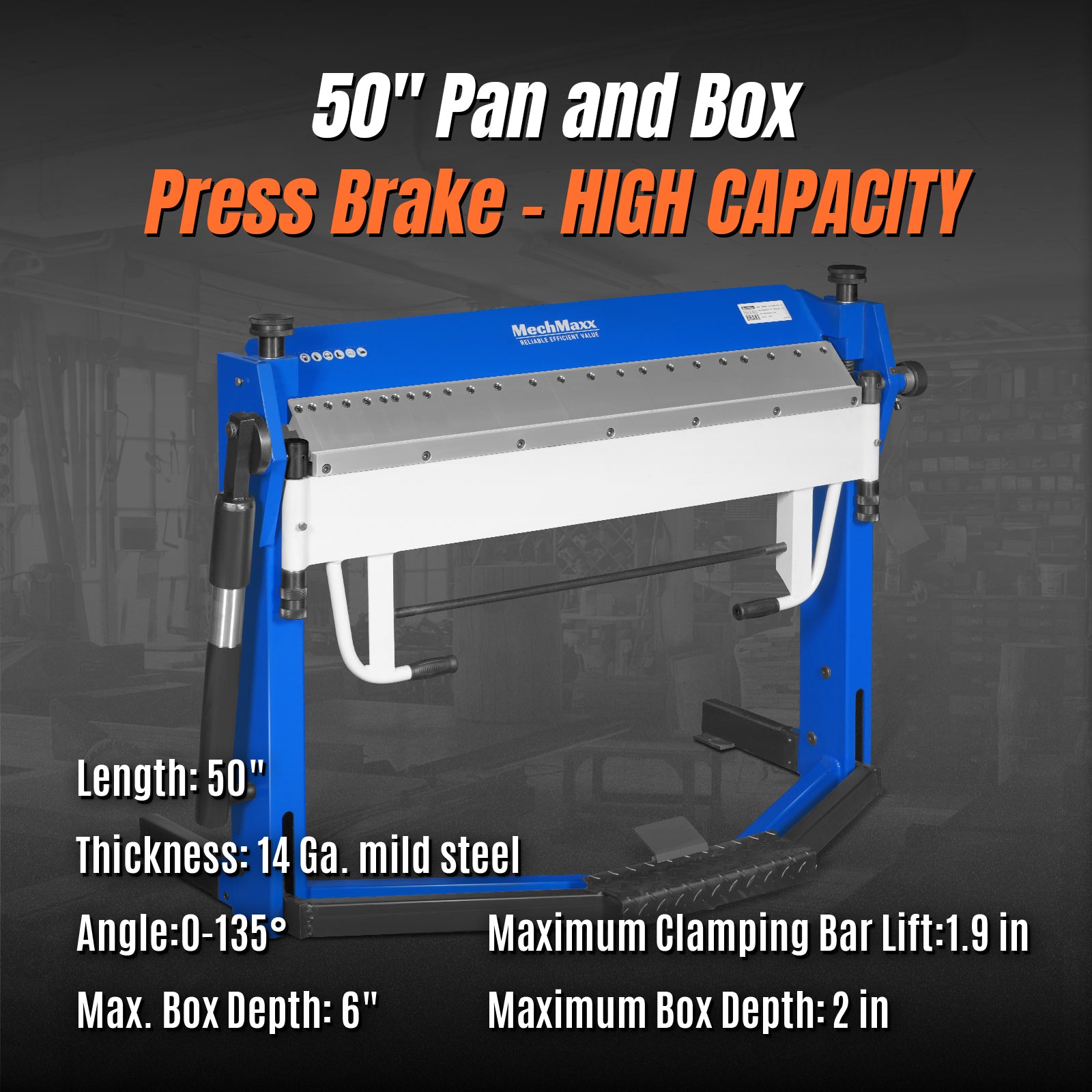 50-Inch Foot Clamp Pan and Box Brake, Light Duty Sheet Metal Folding Machine, 0–135° Bending Angle, 1.9" Clamping Lift, 2" Box Depth