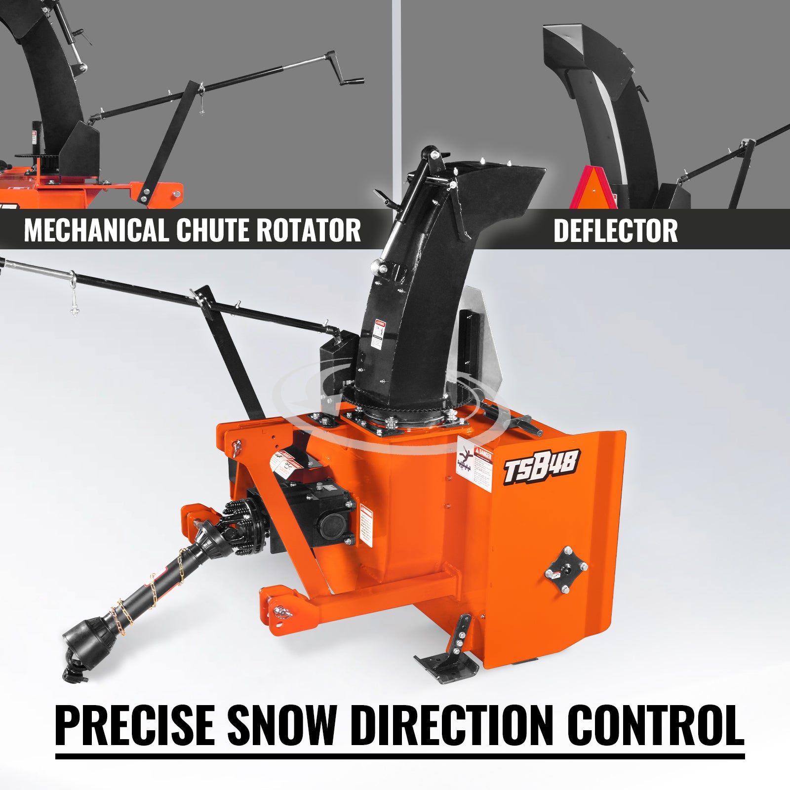 48" 3 Point PTO Snow Blower 24" Impeller Diameter 360° Snow Chute (PTO Shaft Included with Slip Clutch), 20-45 HP, TSB48T
