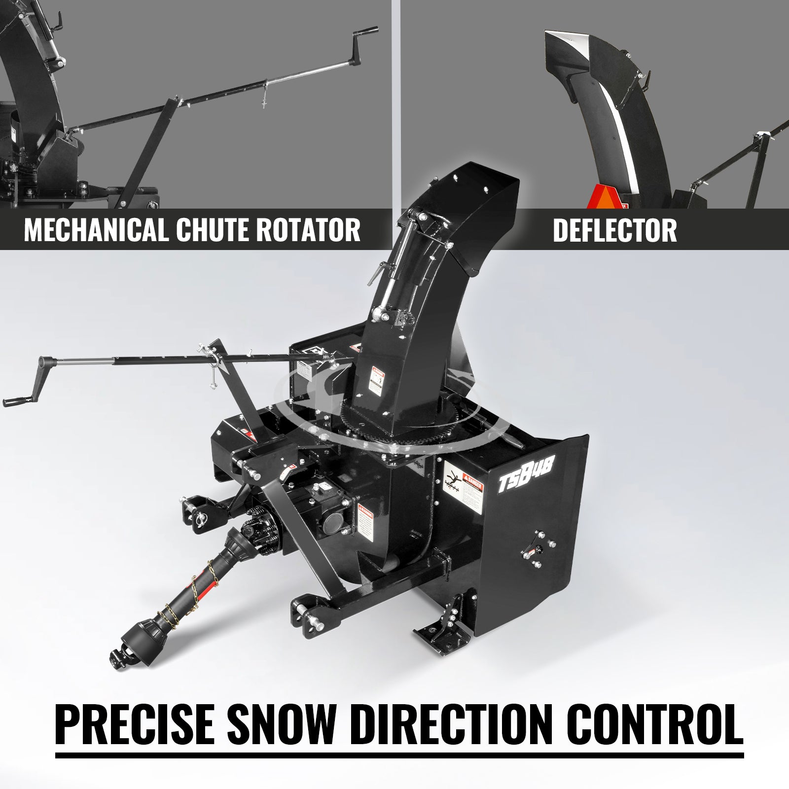 48" 3 Point PTO Snow Blower 24" Impeller Diameter 360° Snow Chute (PTO Shaft Included with Slip Clutch), 20-45 HP, TSB48