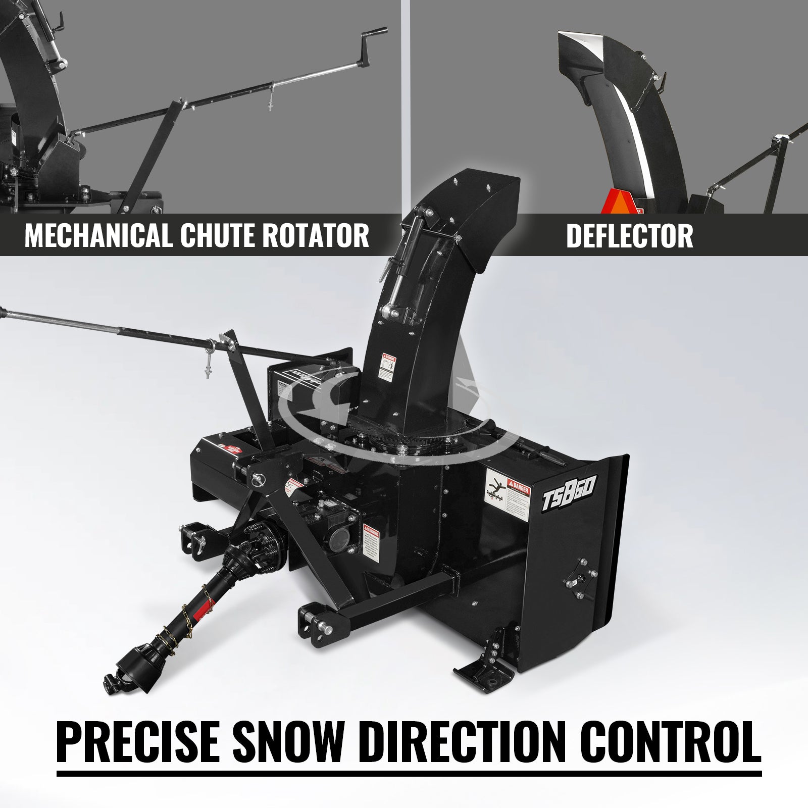 60" 3 Point PTO Snow Blower 24" Impeller Diameter 360° Snow Chute (PTO Shaft Included with Slip Clutch), 25-65 HP, TSB60