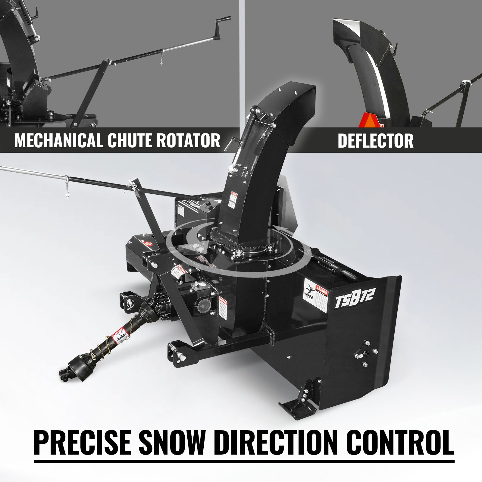 72" 3 Point PTO Snow Blower 24" Impeller Diameter 360° Snow Chute (PTO Shaft Included with Slip Clutch), 30-75 HP, TSB72