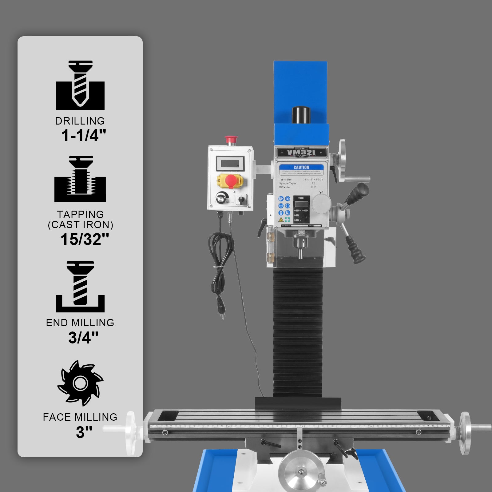 8-1/4"x33'' Industrial Benchtop Mill Drill Machine Brushless Motor, Variable Speed, R8 Spindle, 2 HP, 110V, Compact Milling Drilling Tool for Garage Shop, DIY Metalworking without Stand