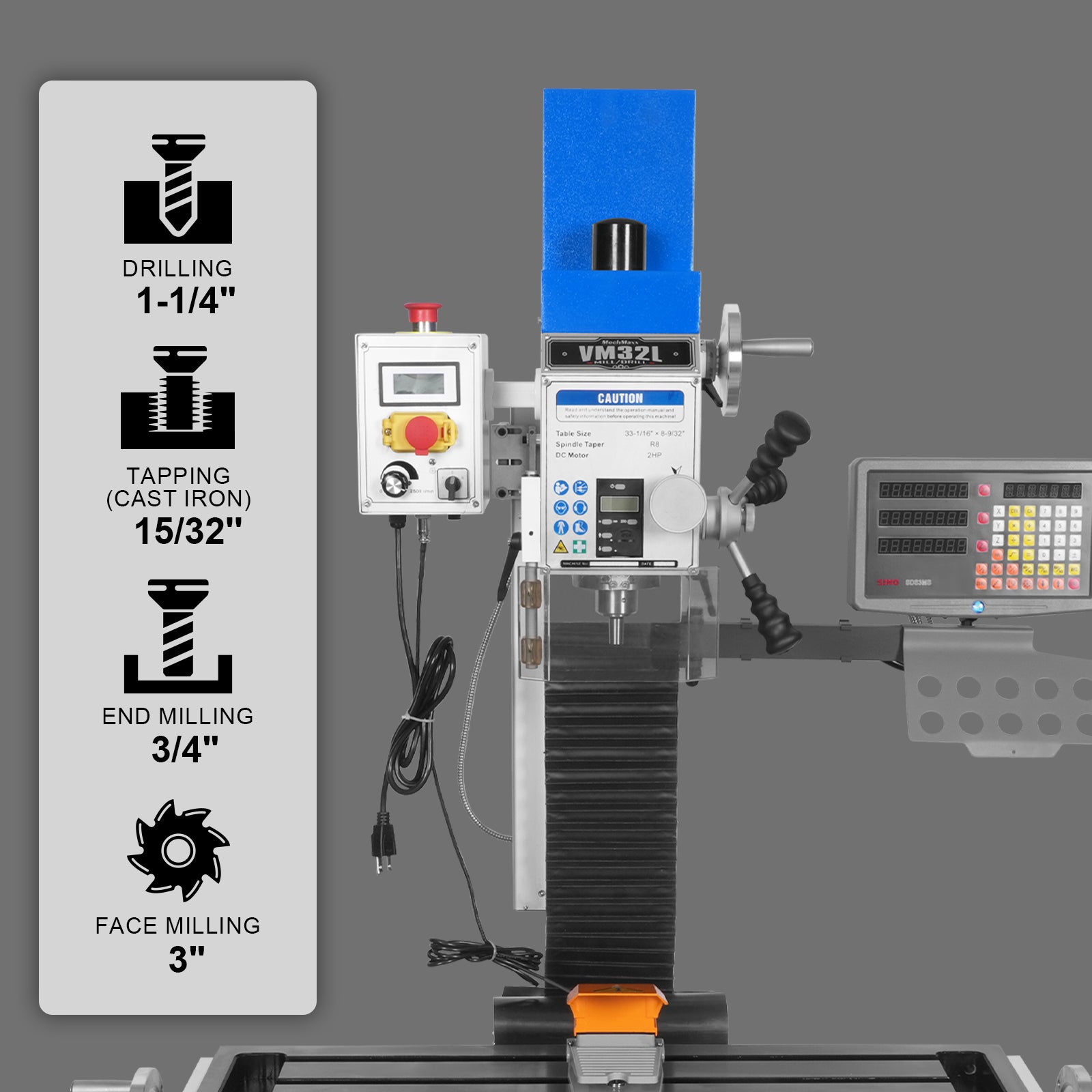 8-1/4"x33'' Industrial Benchtop Mill Drill Machine with DRO, Variable Speed, Brushless Motor, R8 Spindle, 2 HP, 110V, Compact Milling Drilling Tool for Garage Shop, DIY Metalworking without Stand