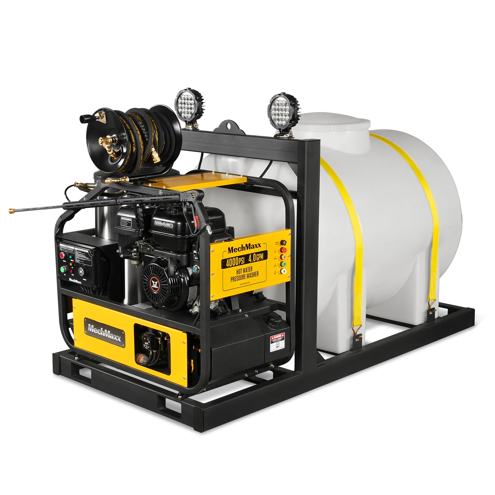4000 PSI 4 GPM 15 HP ZONSEN E-Start Gas Engine Hot Water Pressure Washer Skid Mounted with 245 Gal Tank, HPW40DBT